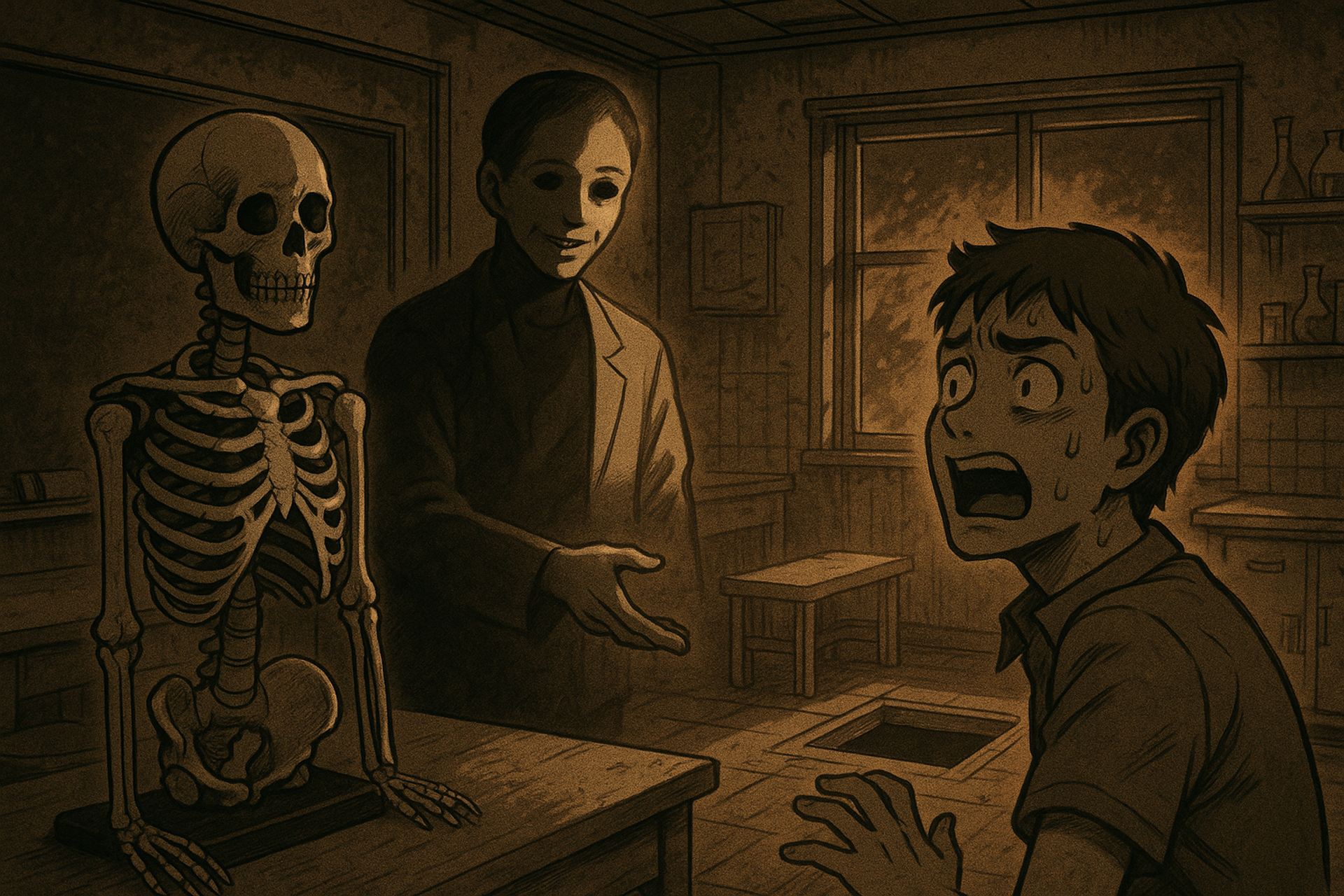 Japanese Ghost Story illustration "title: Mr. Anatomical Model"