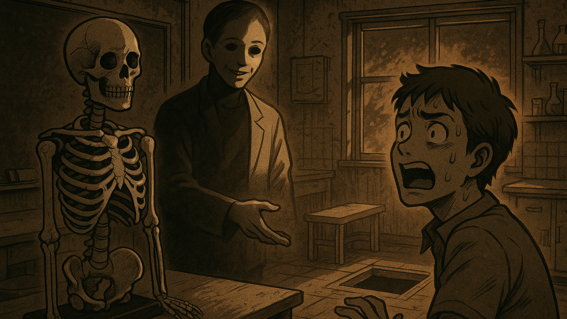 Japanese Ghost Story illustration "title: Mr. Anatomical Model"