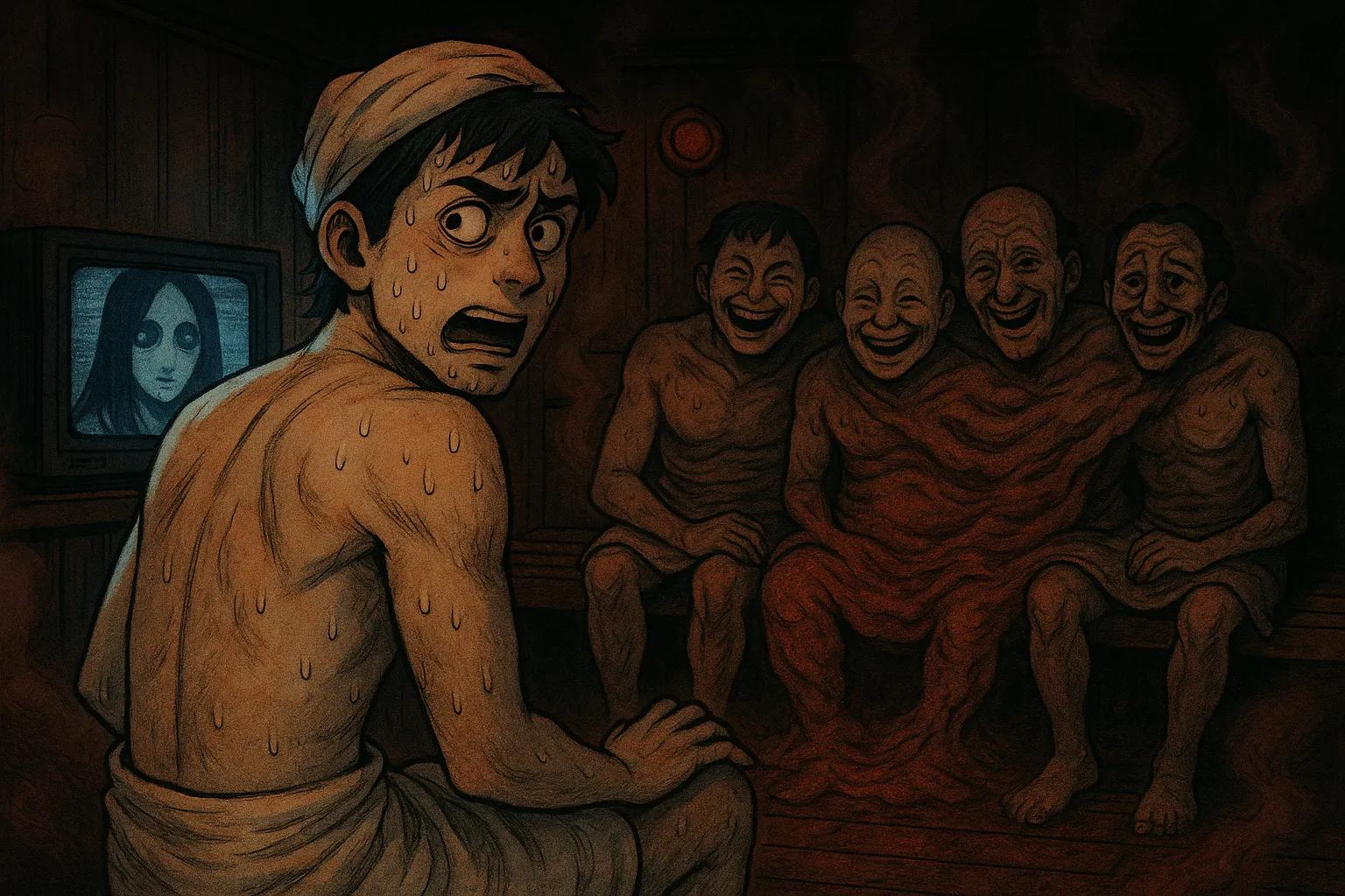 Japanese Ghost Story illustration "title: 深夜のサウナ"