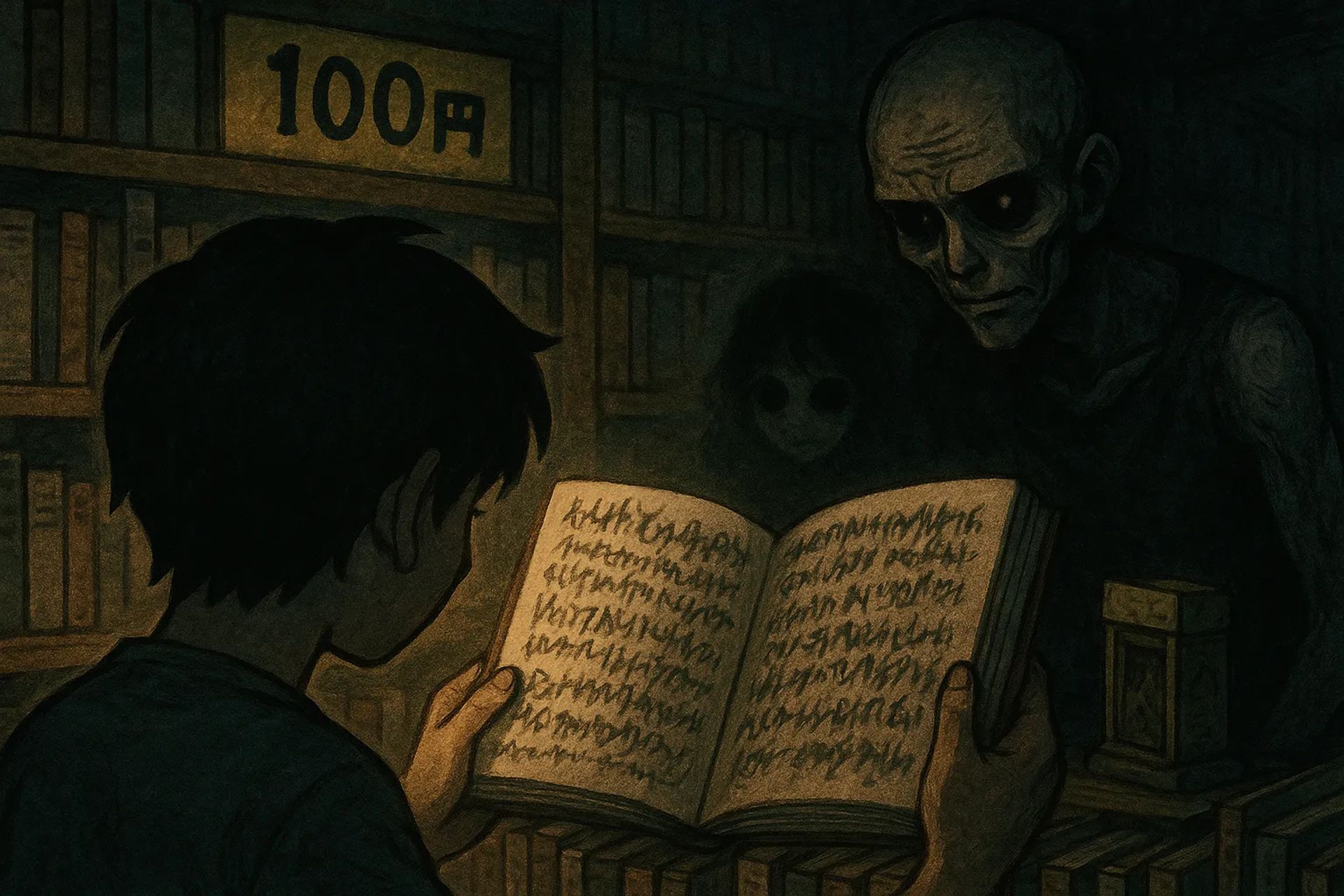 Japanese Ghost Story illustration "title: 100 Yen Corner Book"