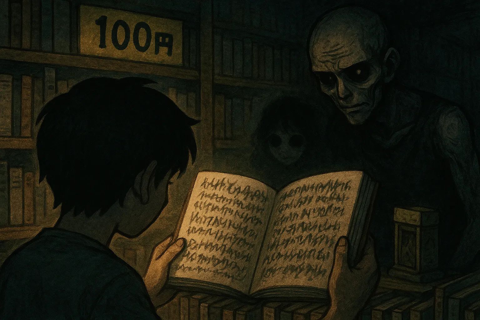 Japanese Ghost Story illustration "title: 100 Yen Corner Book"