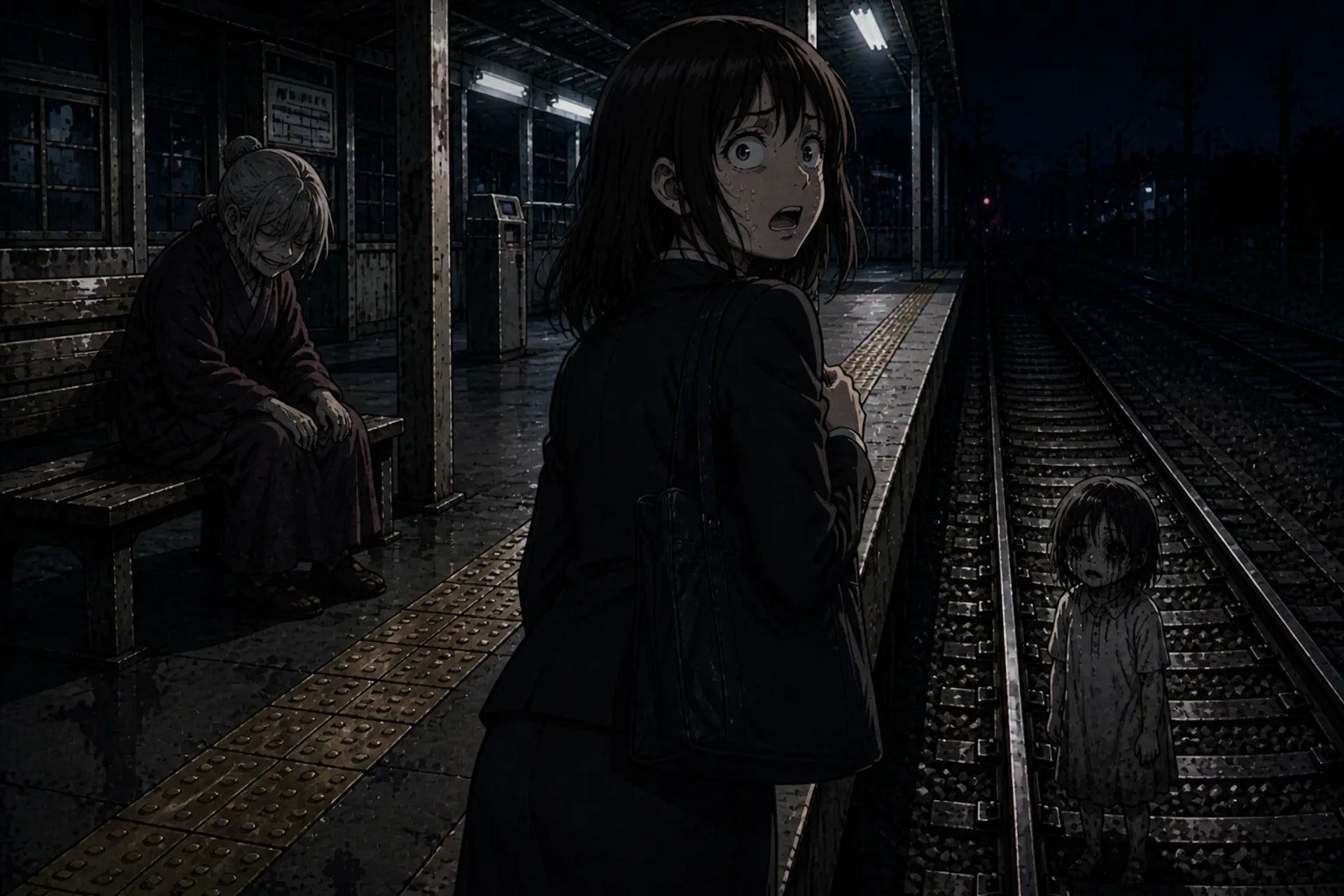 Japanese Ghost Story illustration "title: The Old Woman at the Station"