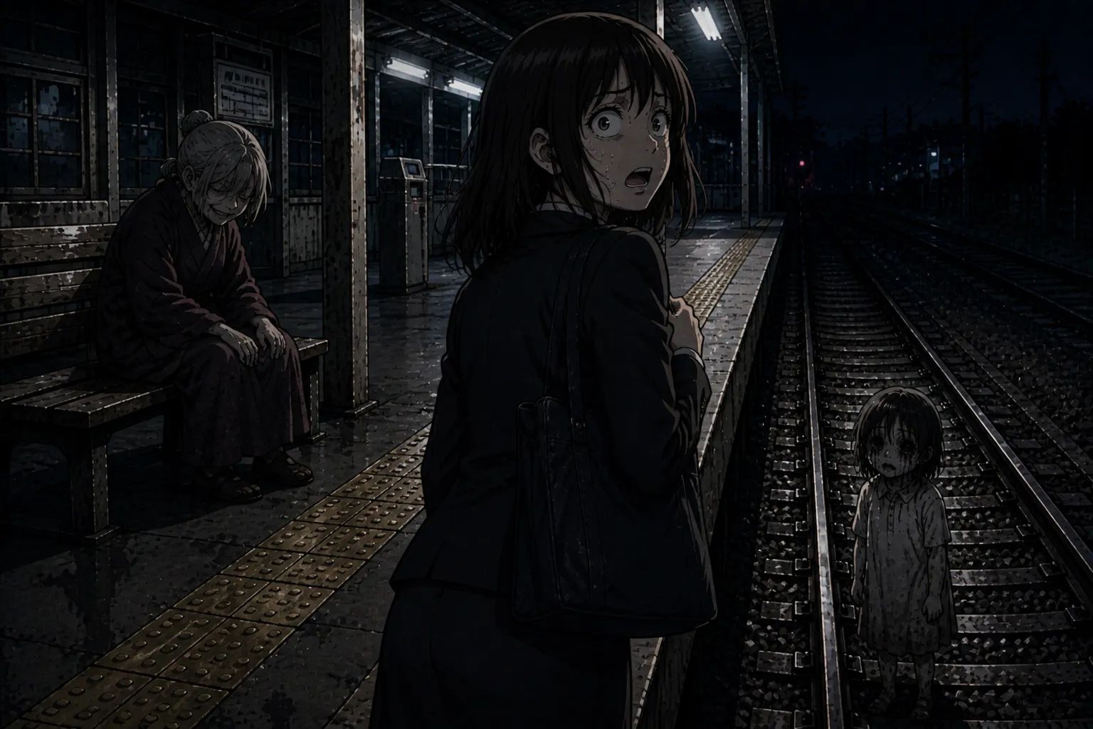 Japanese Ghost Story illustration "title: The Old Woman at the Station"