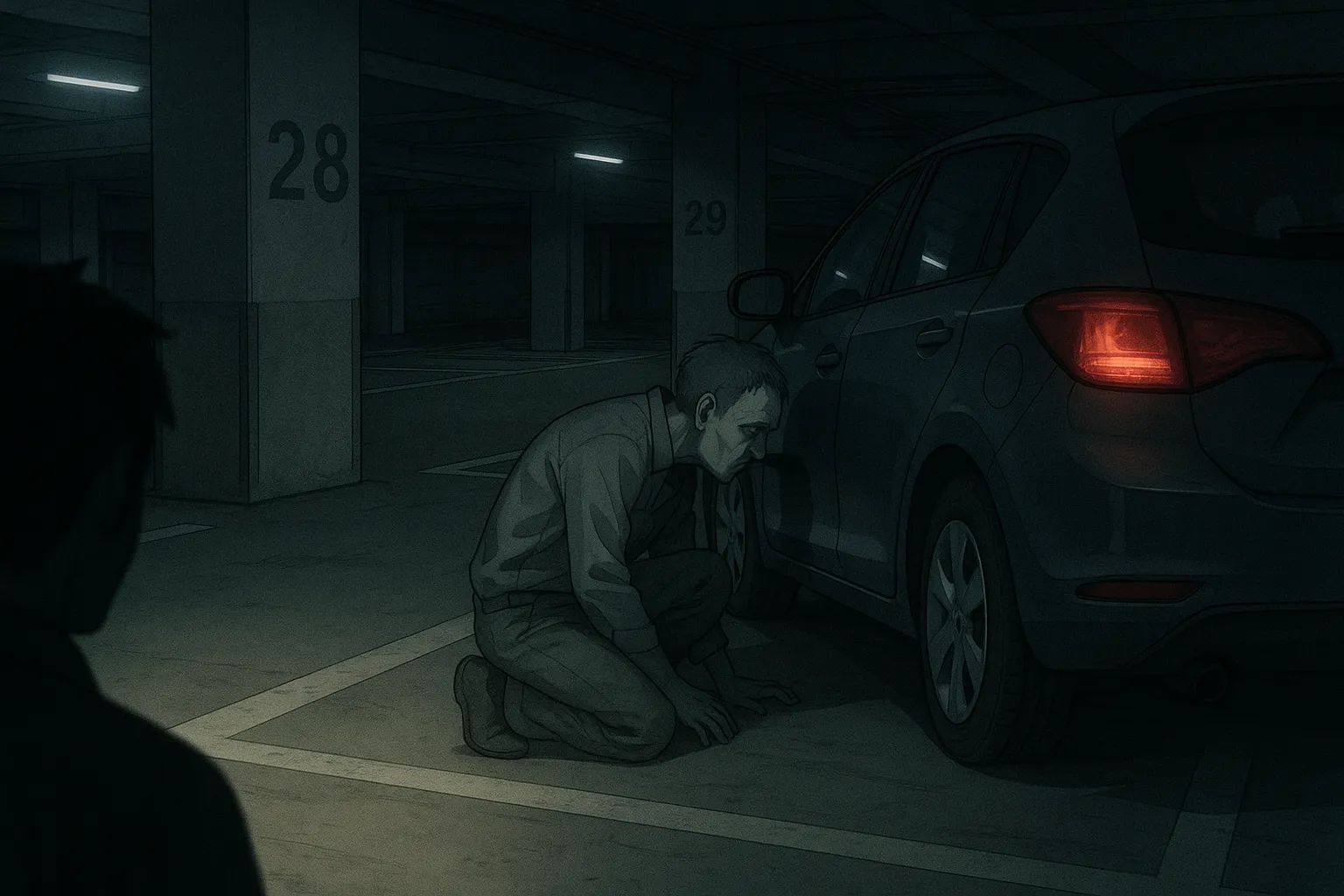 Japanese Ghost Story illustration "title: The Old Man in the Parking Garage"