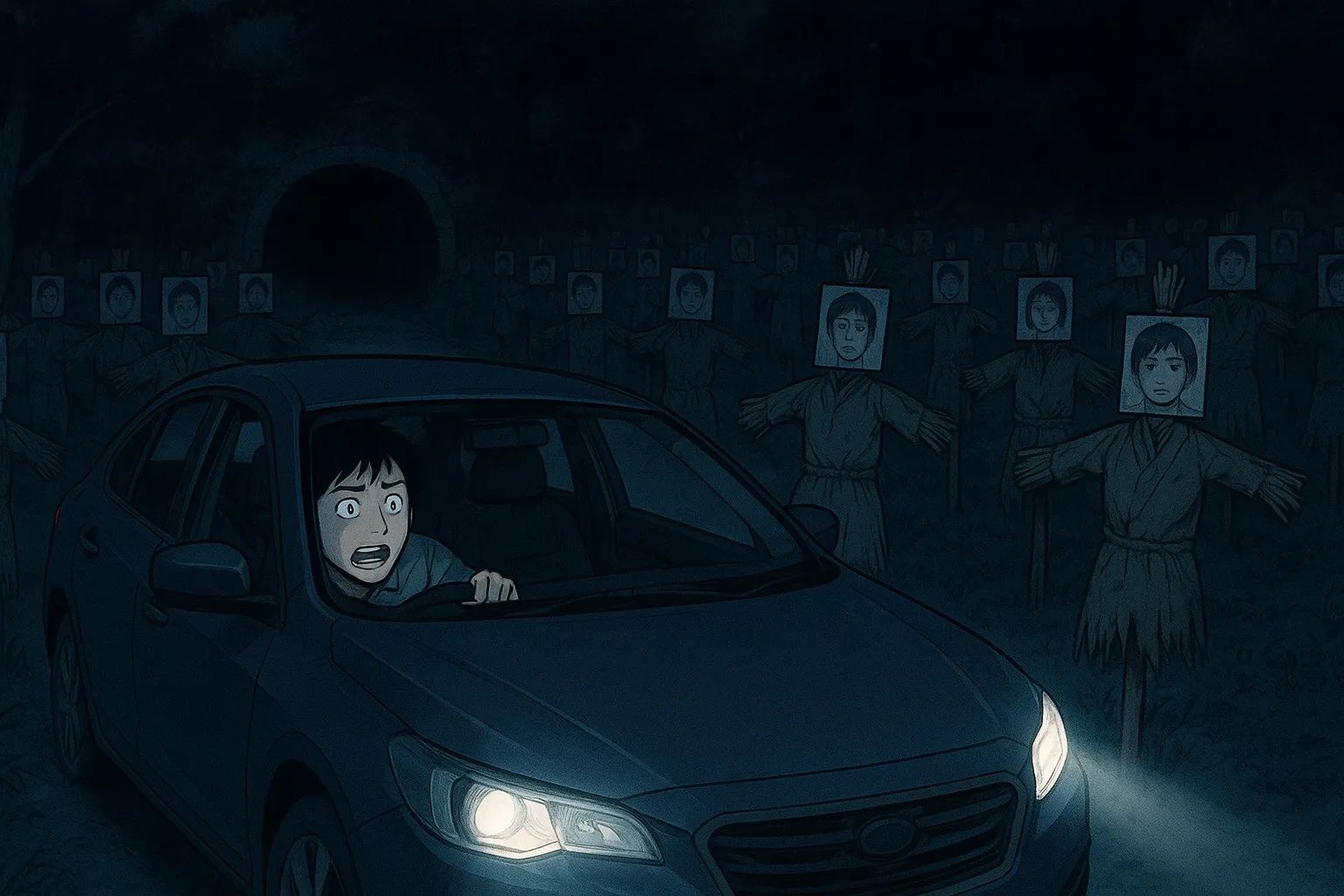 Japanese Ghost Story illustration "title: The Scarecrows of the Abandoned Tunnel"