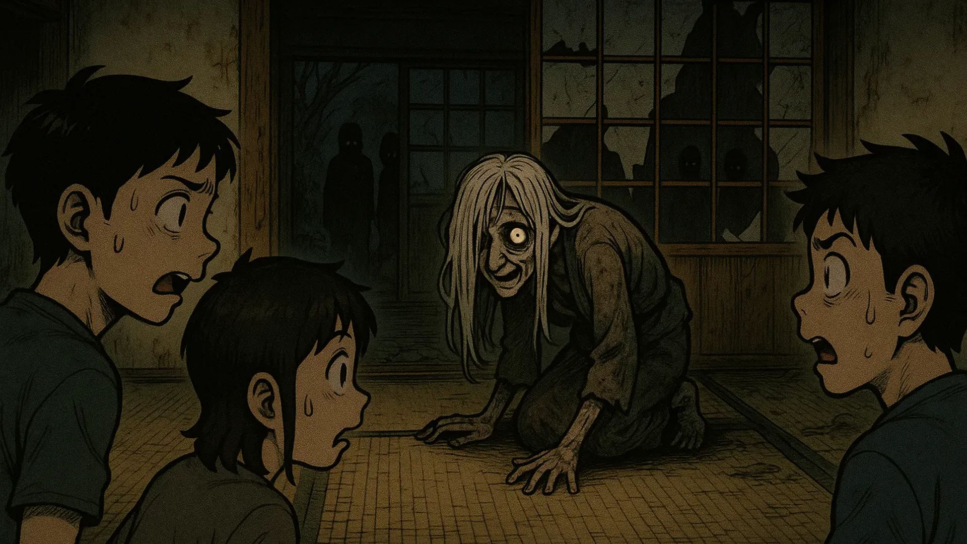 Japanese Ghost Story illustration "title: The Old Woman in the Abandoned House"