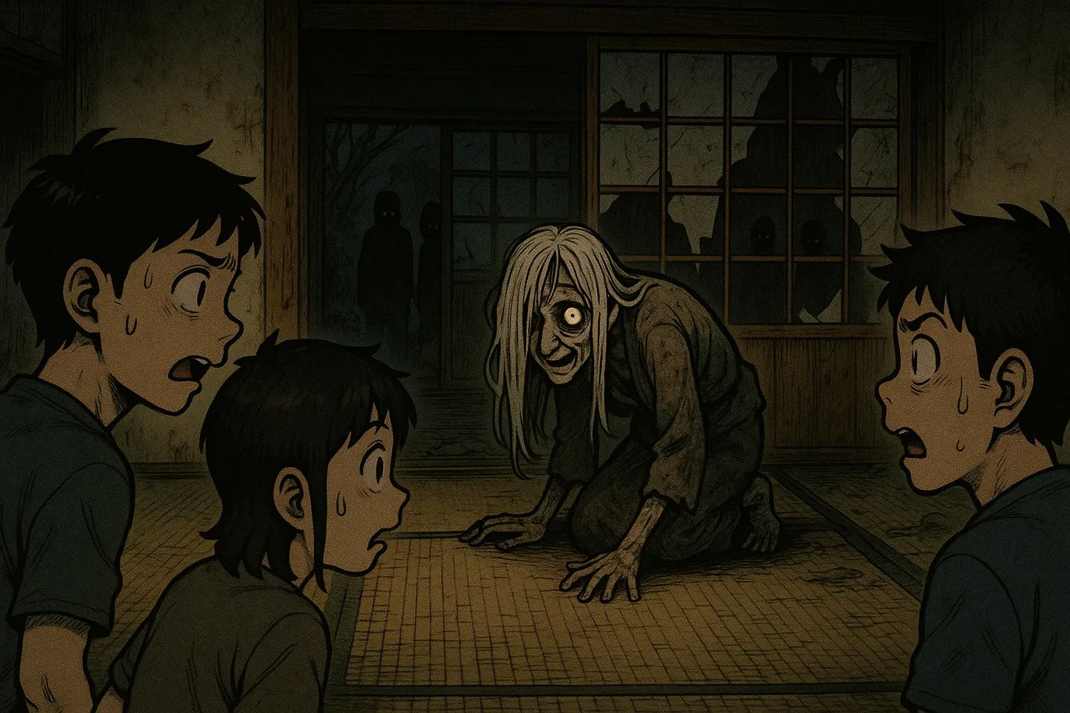 Japanese Ghost Story illustration "title: The Old Woman in the Abandoned House"