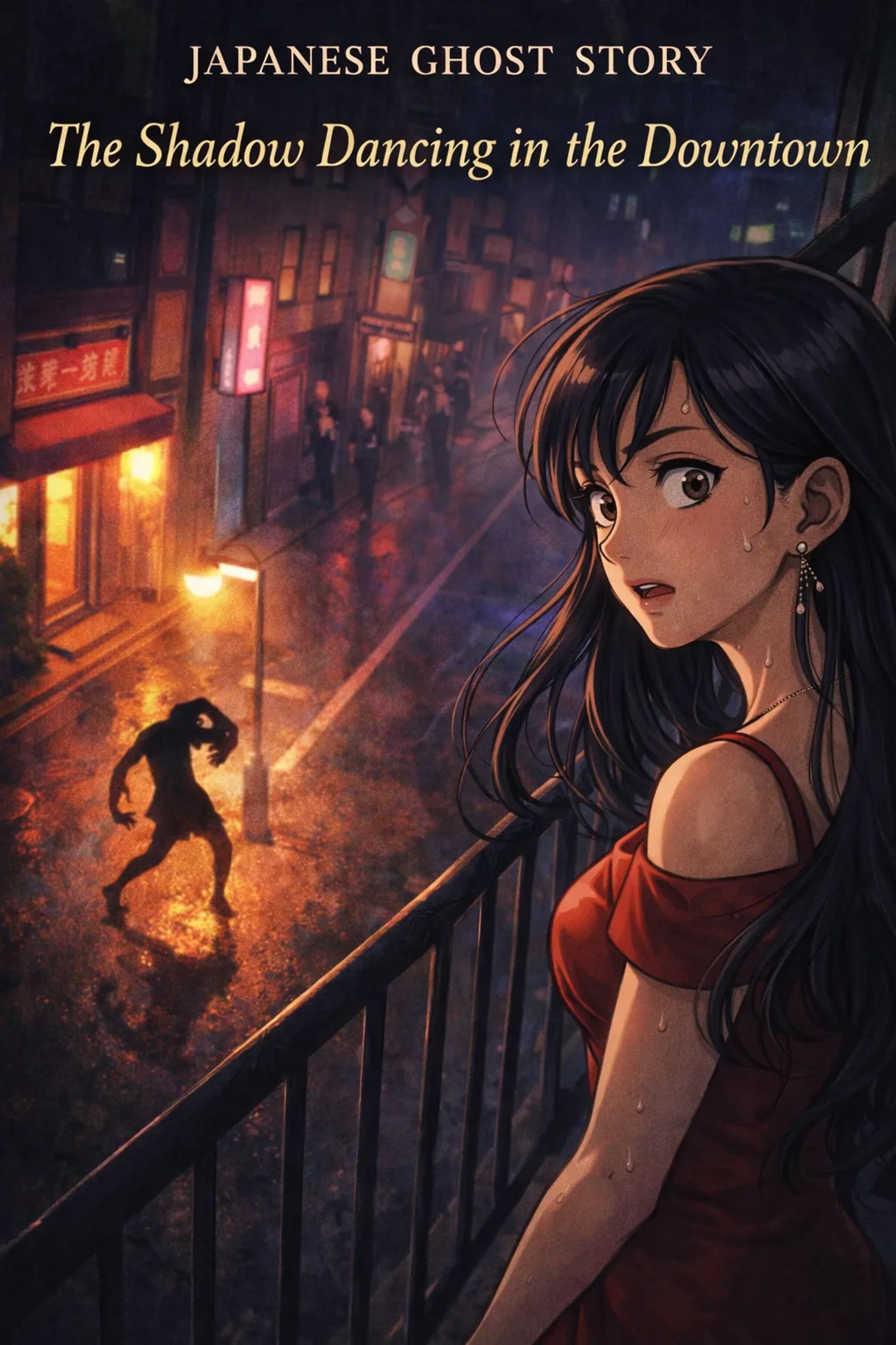 Japanese Ghost Story illustration "title: The Shadow Dancing in the Downtown"