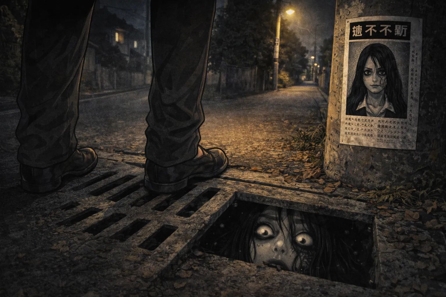 Japanese Ghost Story illustration "title: The Poster on the Utility Pole"
