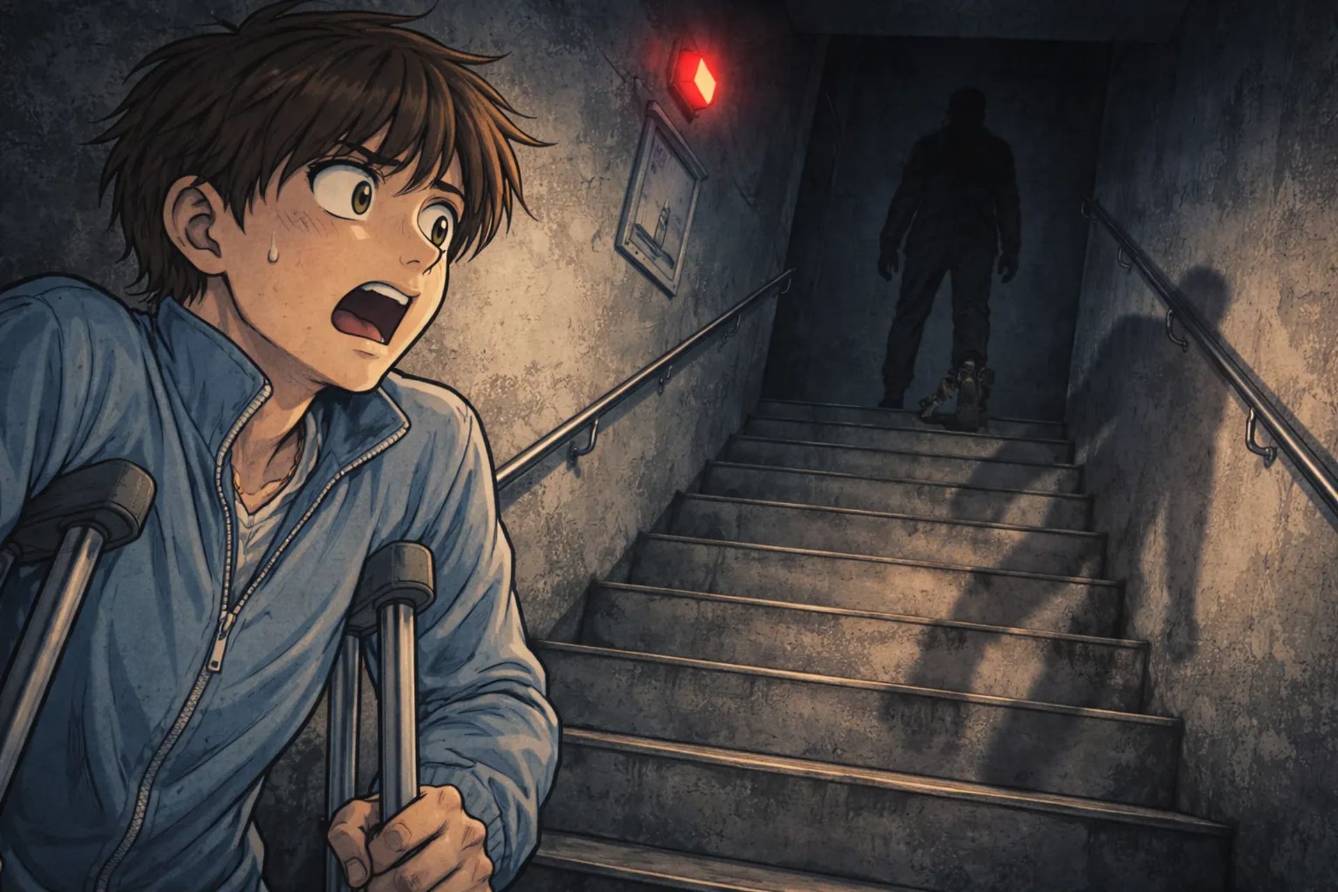 Japanese Ghost Story illustration "title: The Man on the Emergency Stairs"