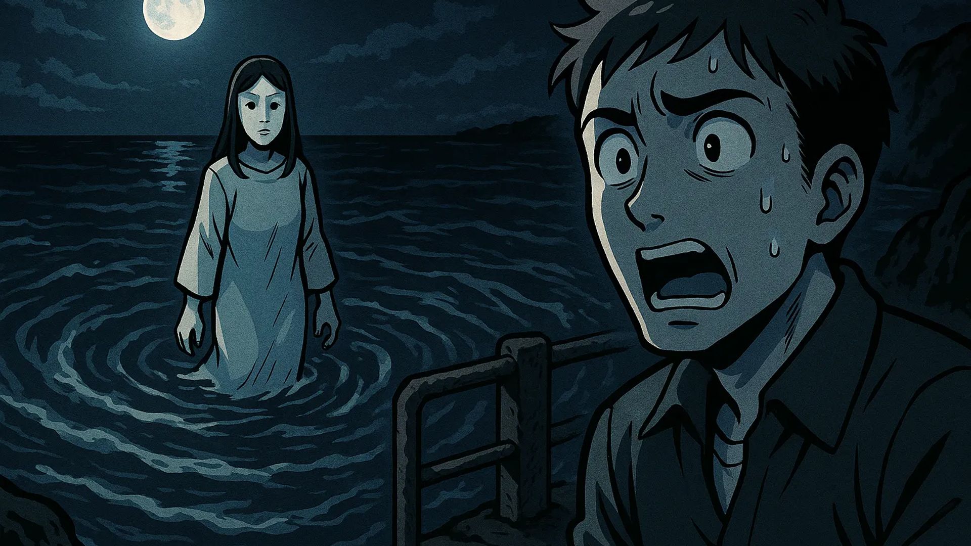 Japanese Ghost Story illustration "title: The Person on the Whirlpool"