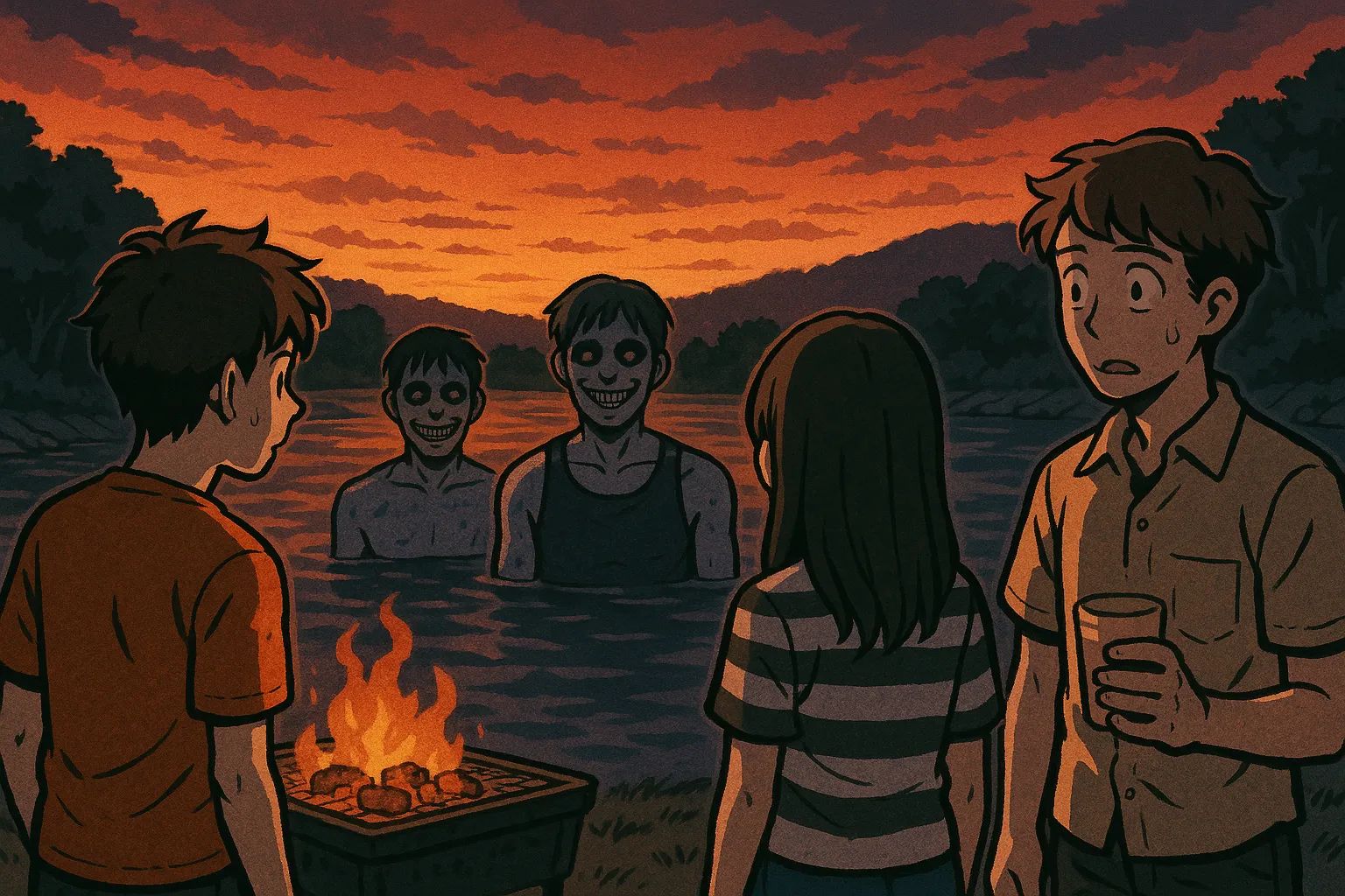 Japanese Ghost Story illustration "title: Barbecue by the River"
