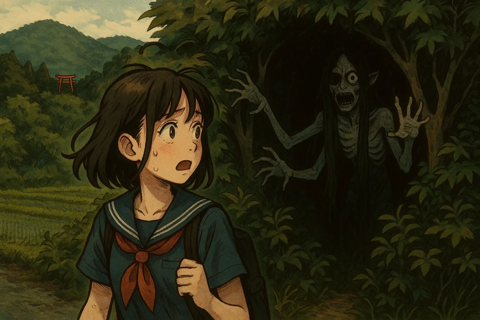Japanese Ghost Story illustration "title: The Shrine Visible from School"