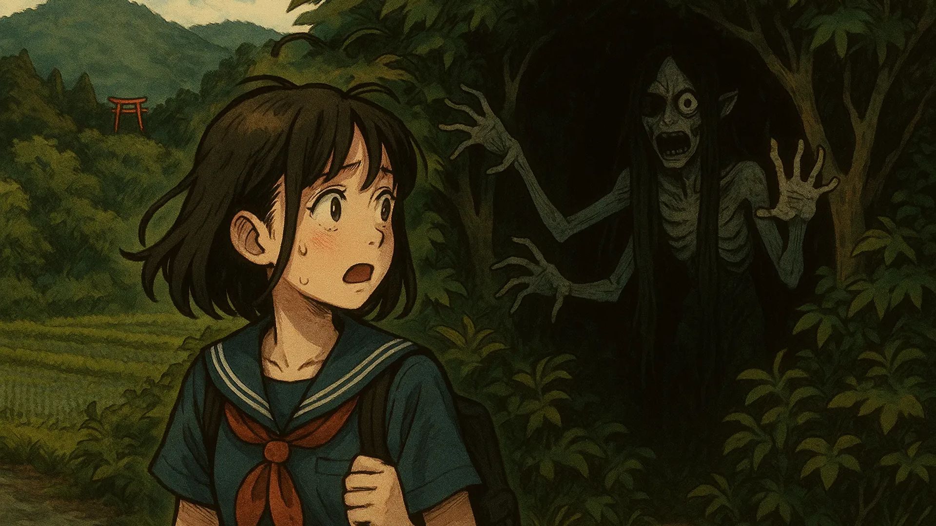 Japanese Ghost Story illustration "title: The Shrine Visible from School"