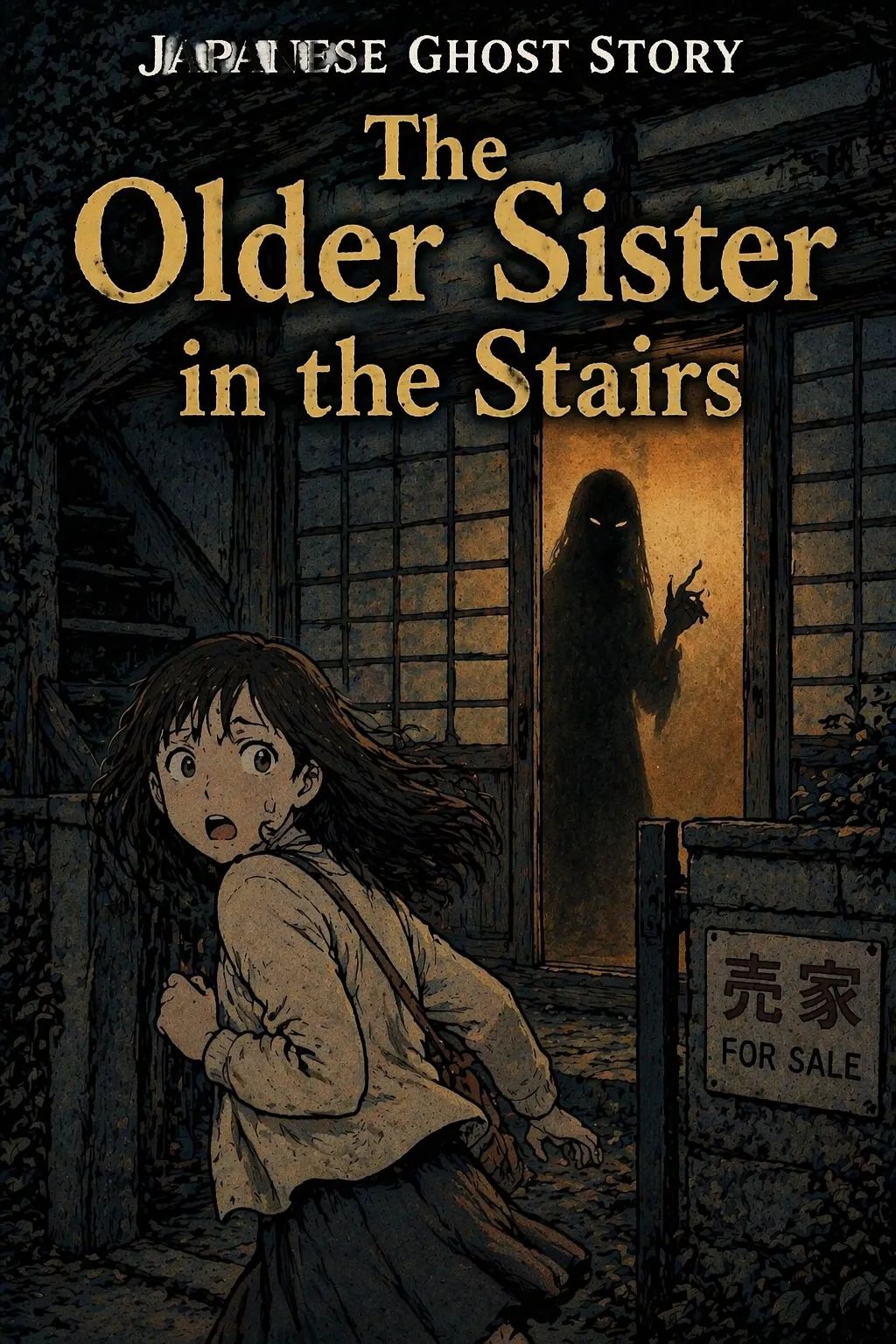 Japanese Ghost Story illustration "title: The Older Sister in the Stairs"