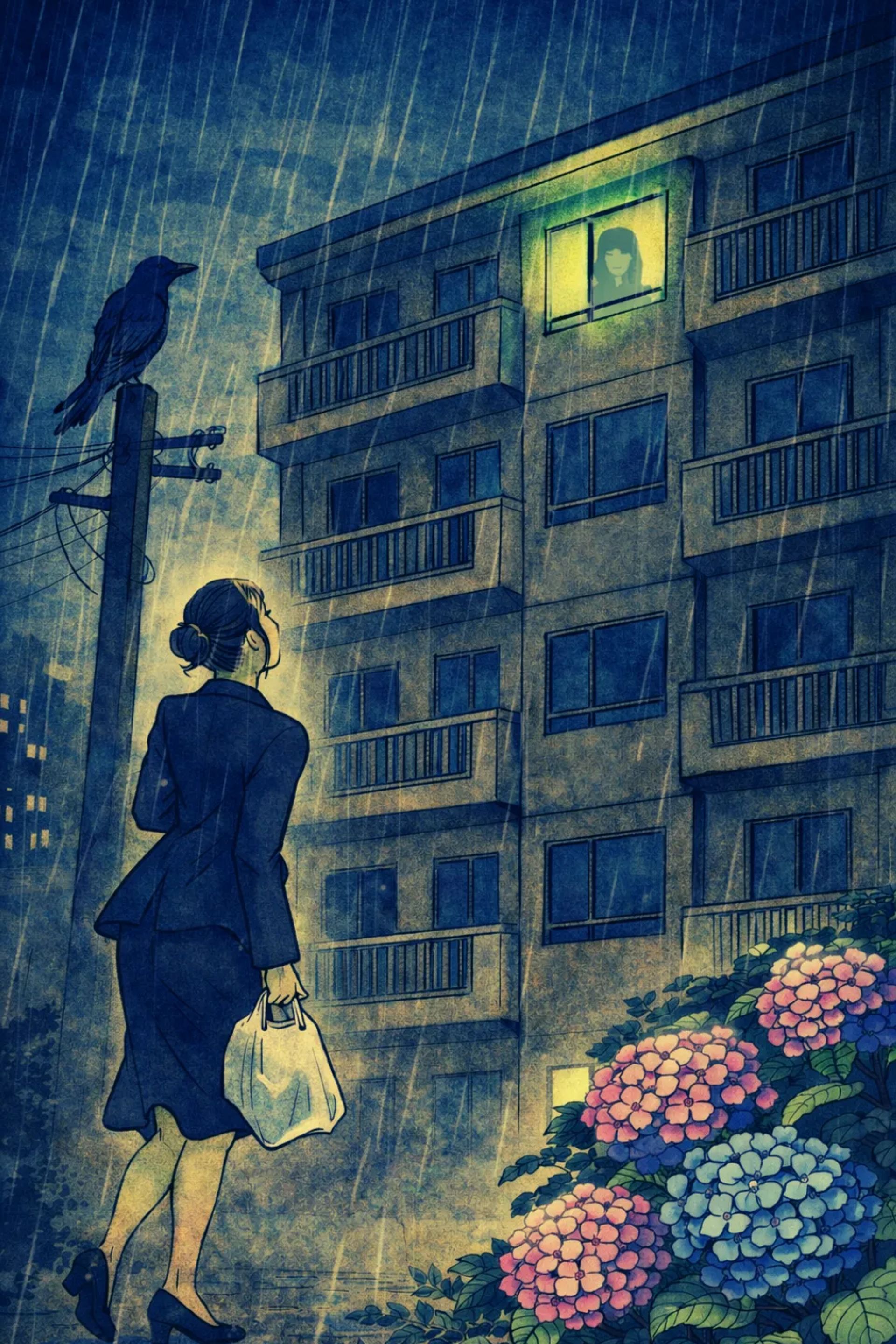 Japanese Ghost Story illustration "title: The Gaze from Room 506"