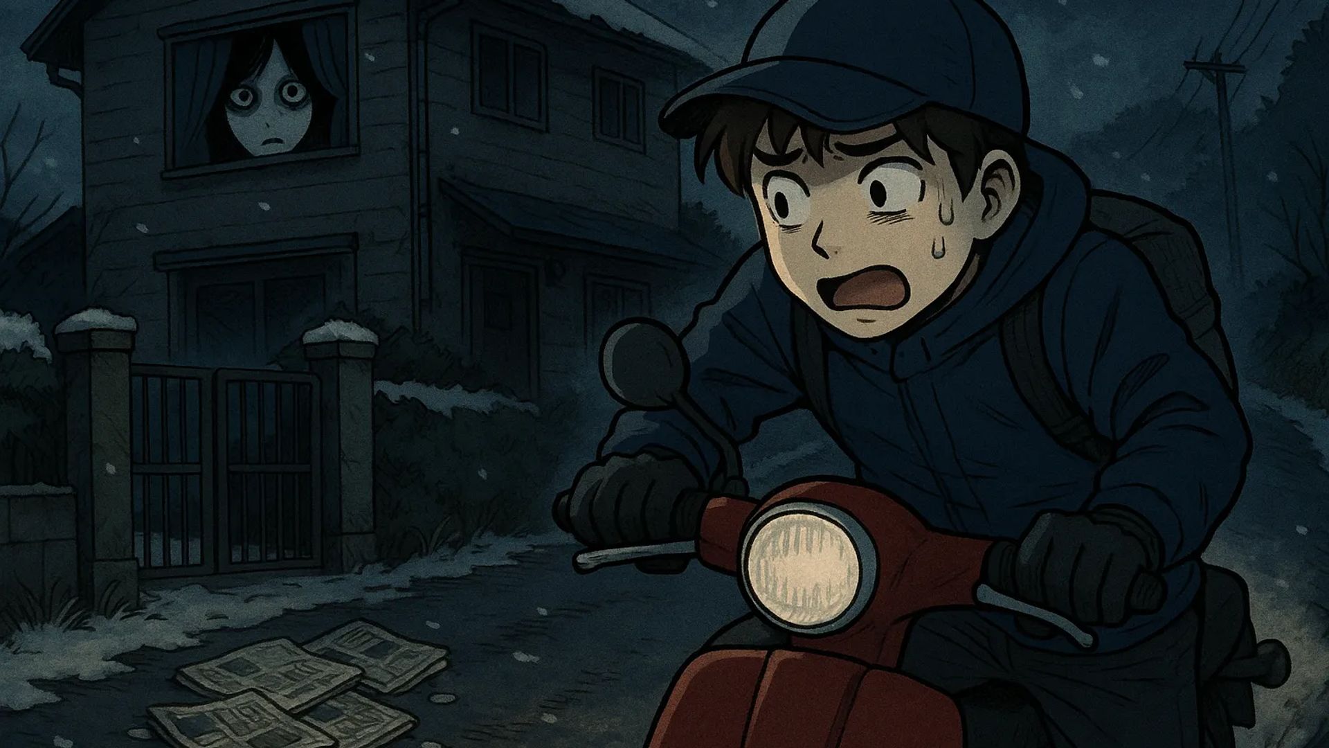 Japanese Ghost Story illustration "title: The New Newspaper Route"