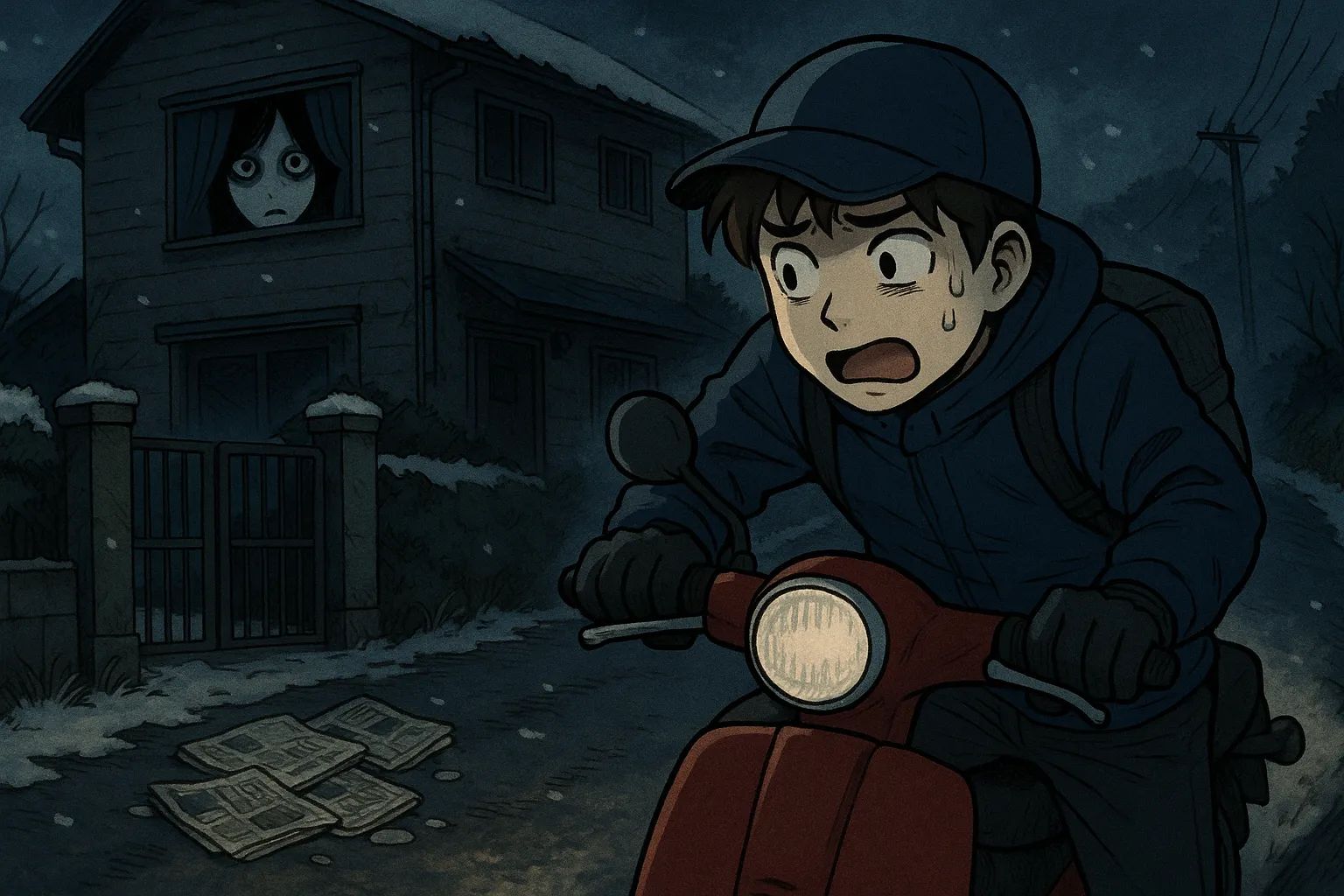 Japanese Ghost Story illustration "title: The New Newspaper Route"