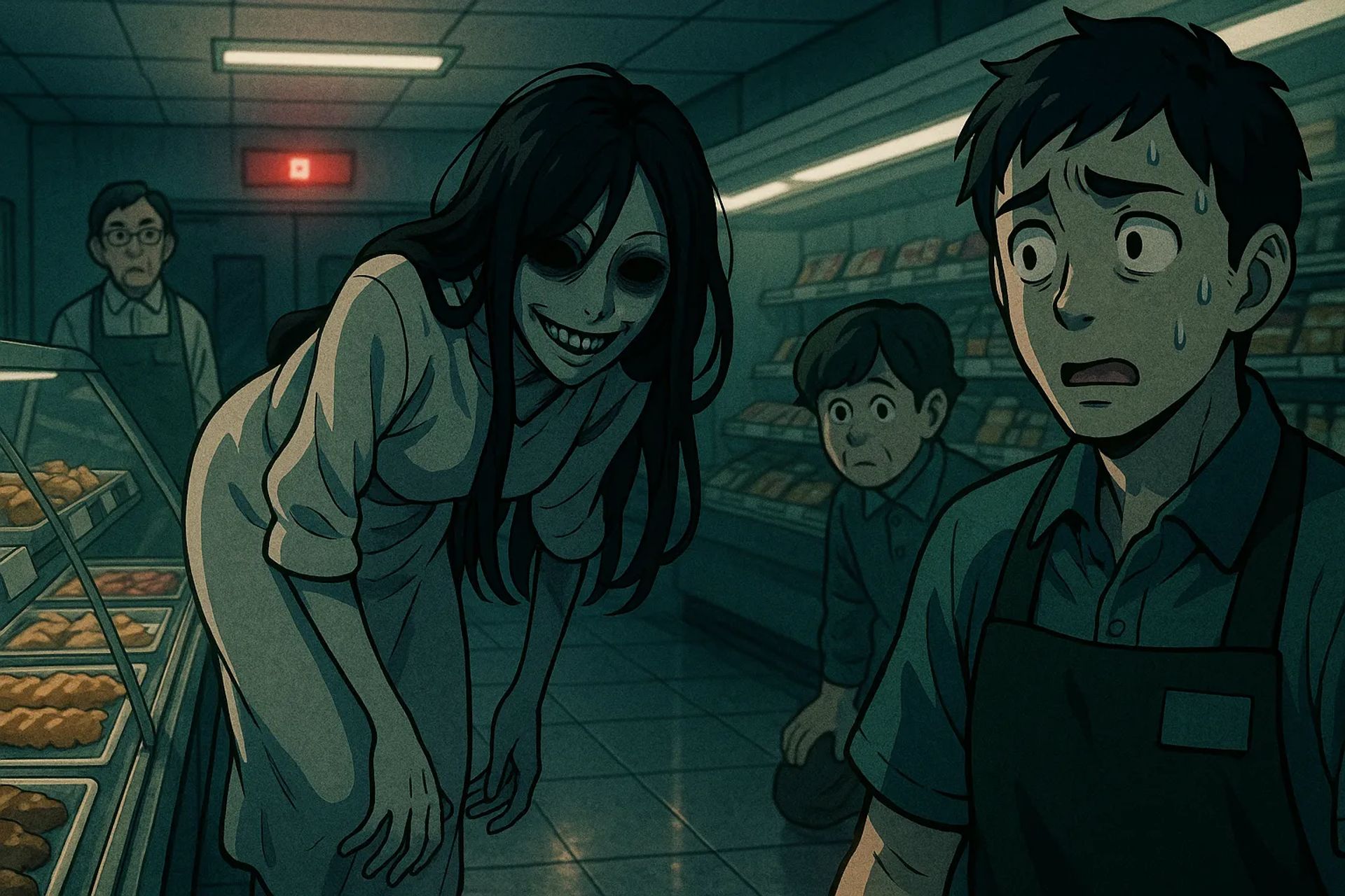 Japanese Ghost Story illustration "title: The Strange Customer at the Supermarket"