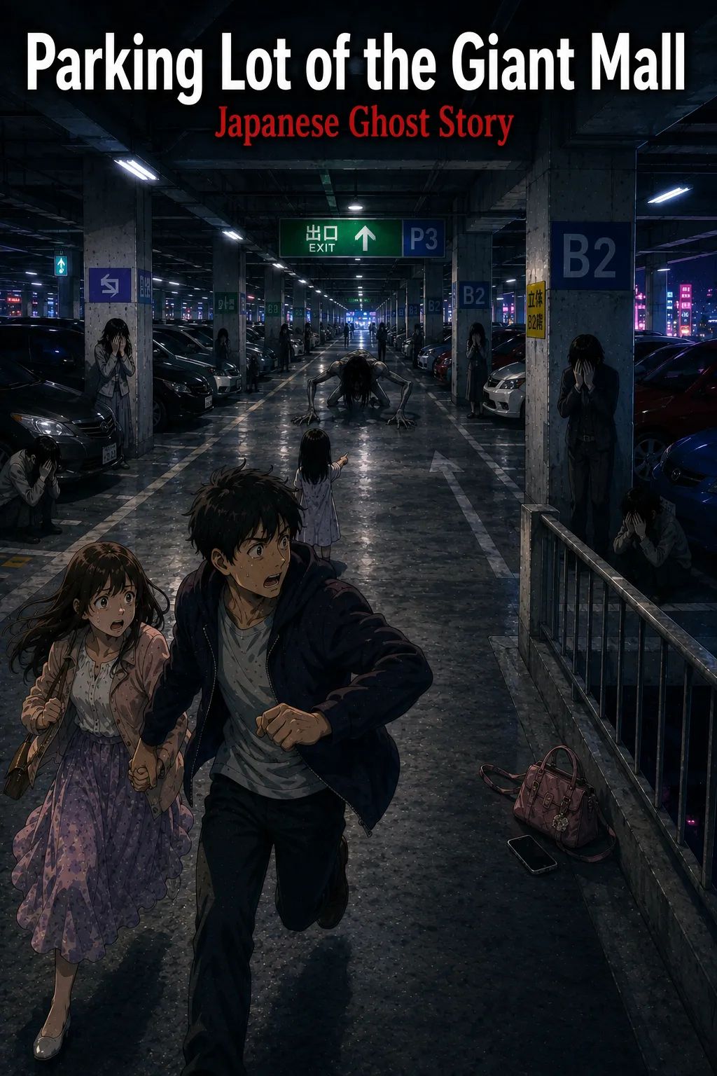 Japanese Ghost Story illustration "title: Parking Lot of the Giant Mall"