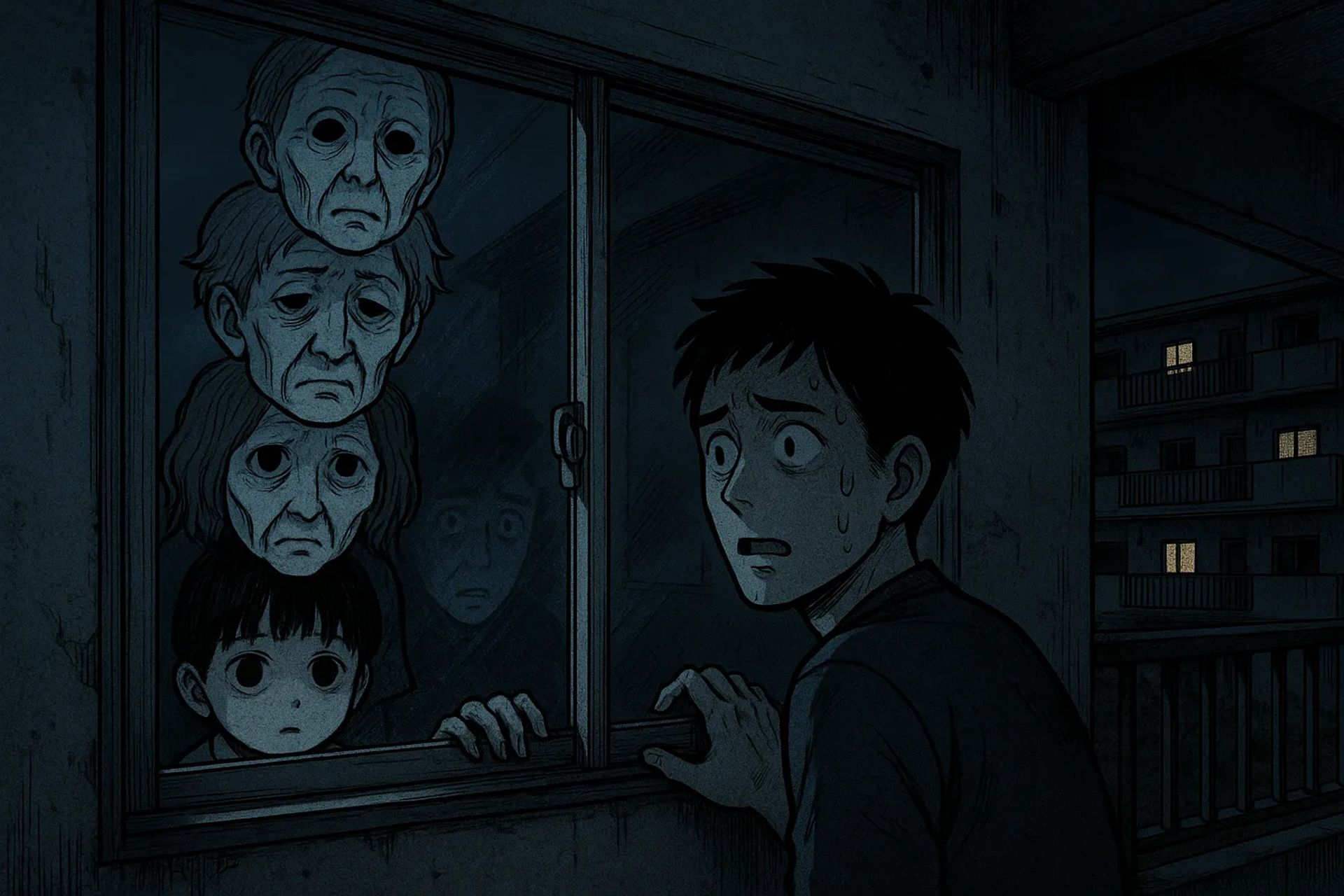 Japanese Ghost Story illustration "title: The Apartment Building Window"