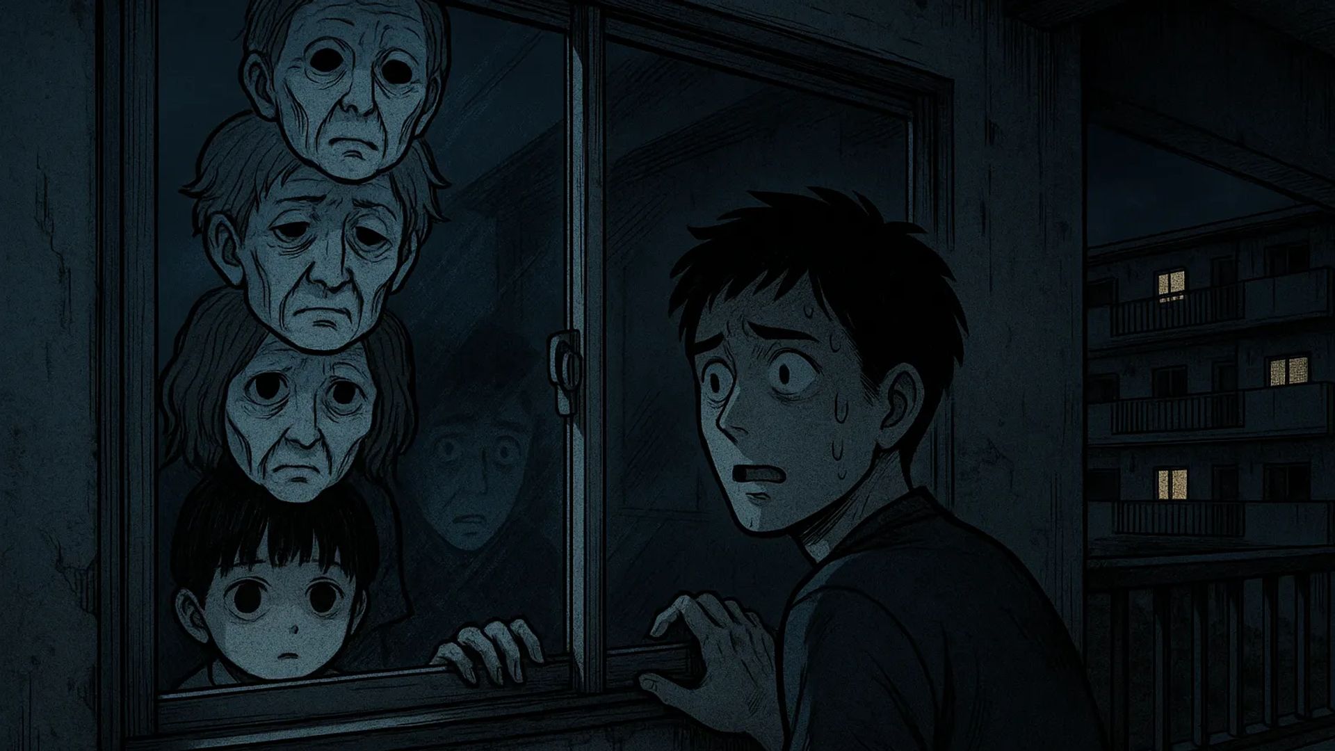 Japanese Ghost Story illustration "title: The Apartment Building Window"