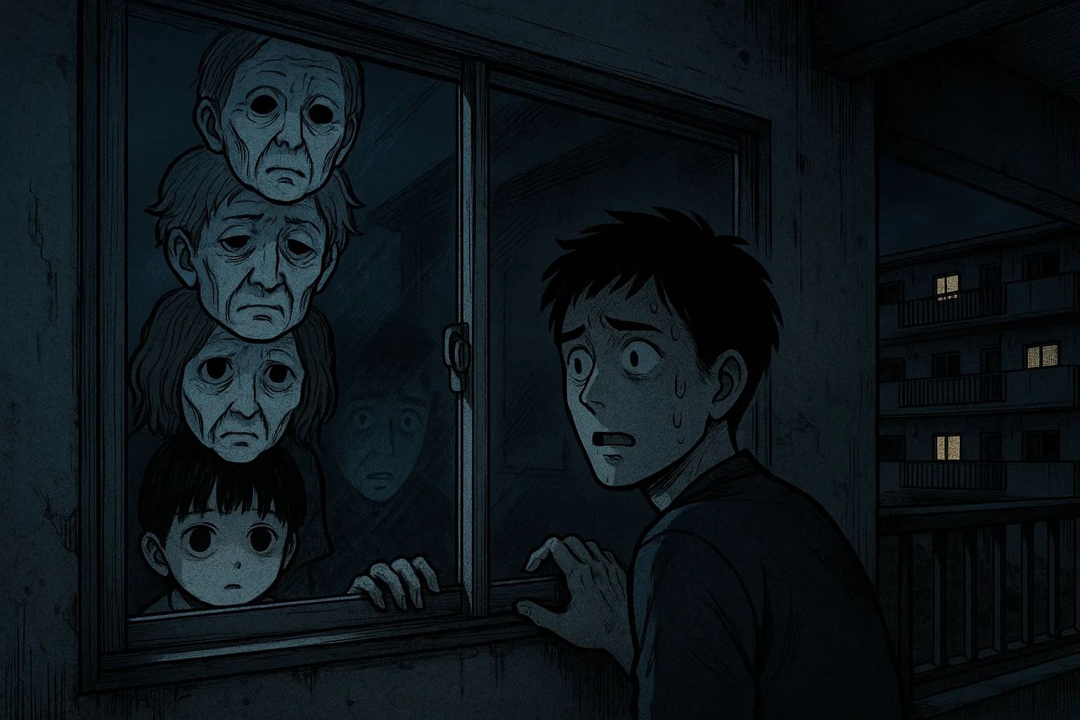 Japanese Ghost Story illustration "title: The Apartment Building Window"