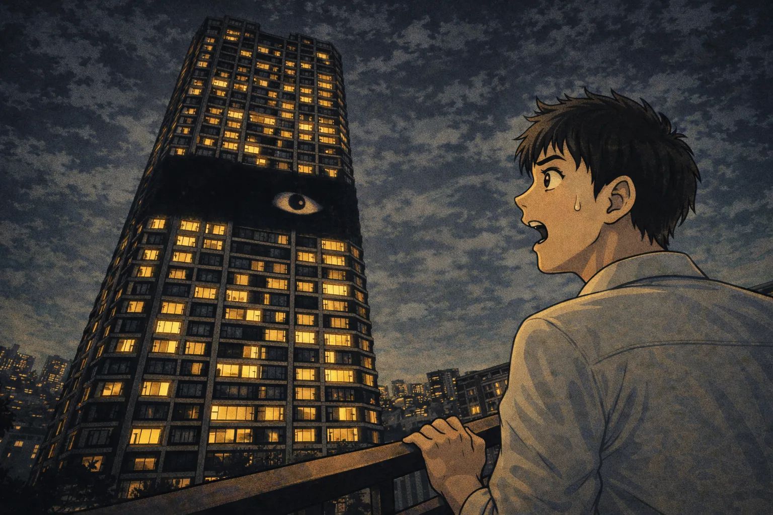 Japanese Ghost Story illustration "title: The Lights of the Tower Apartment"