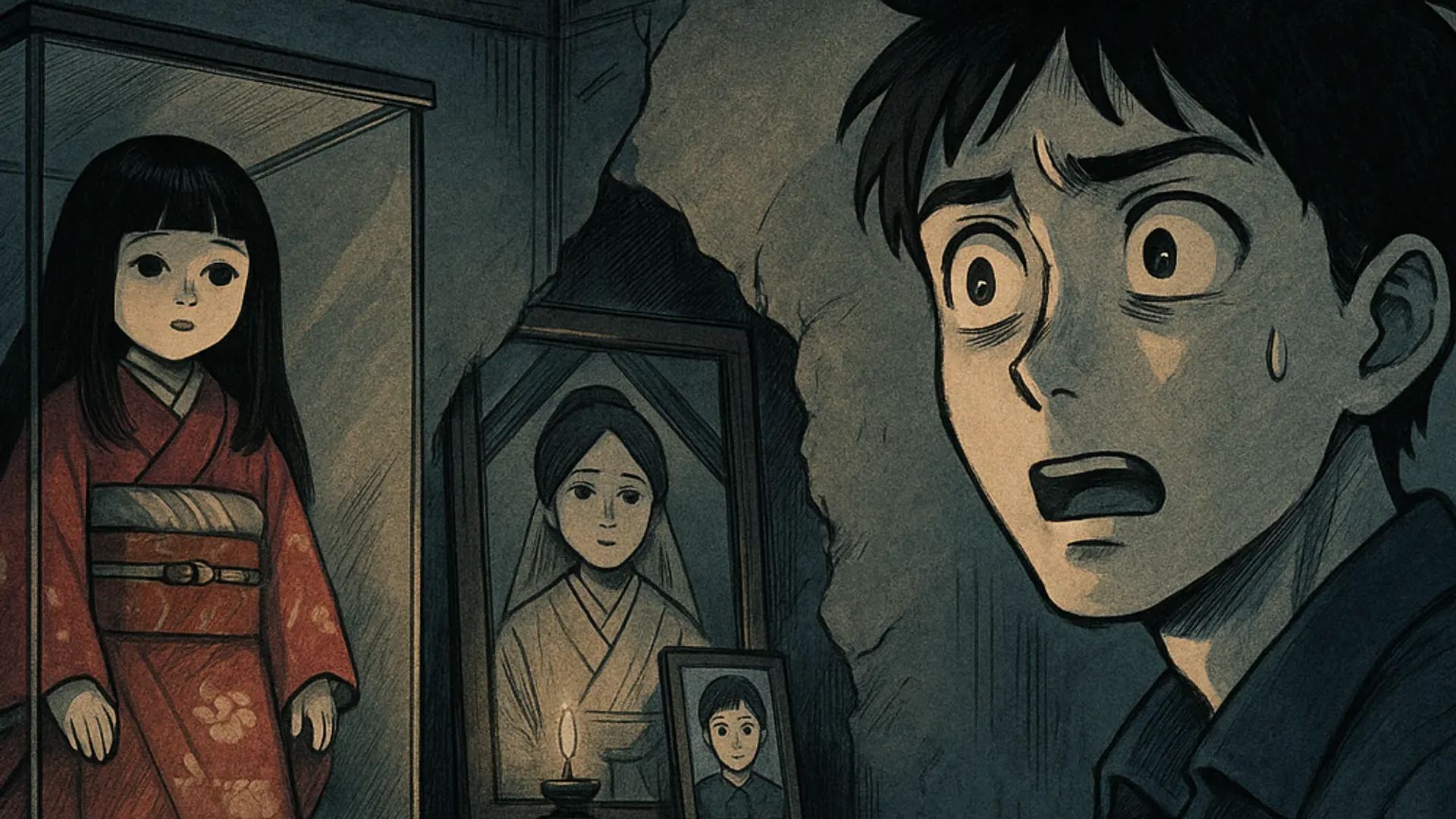 Japanese Ghost Story illustration "title: The Doll at the Boarding House"