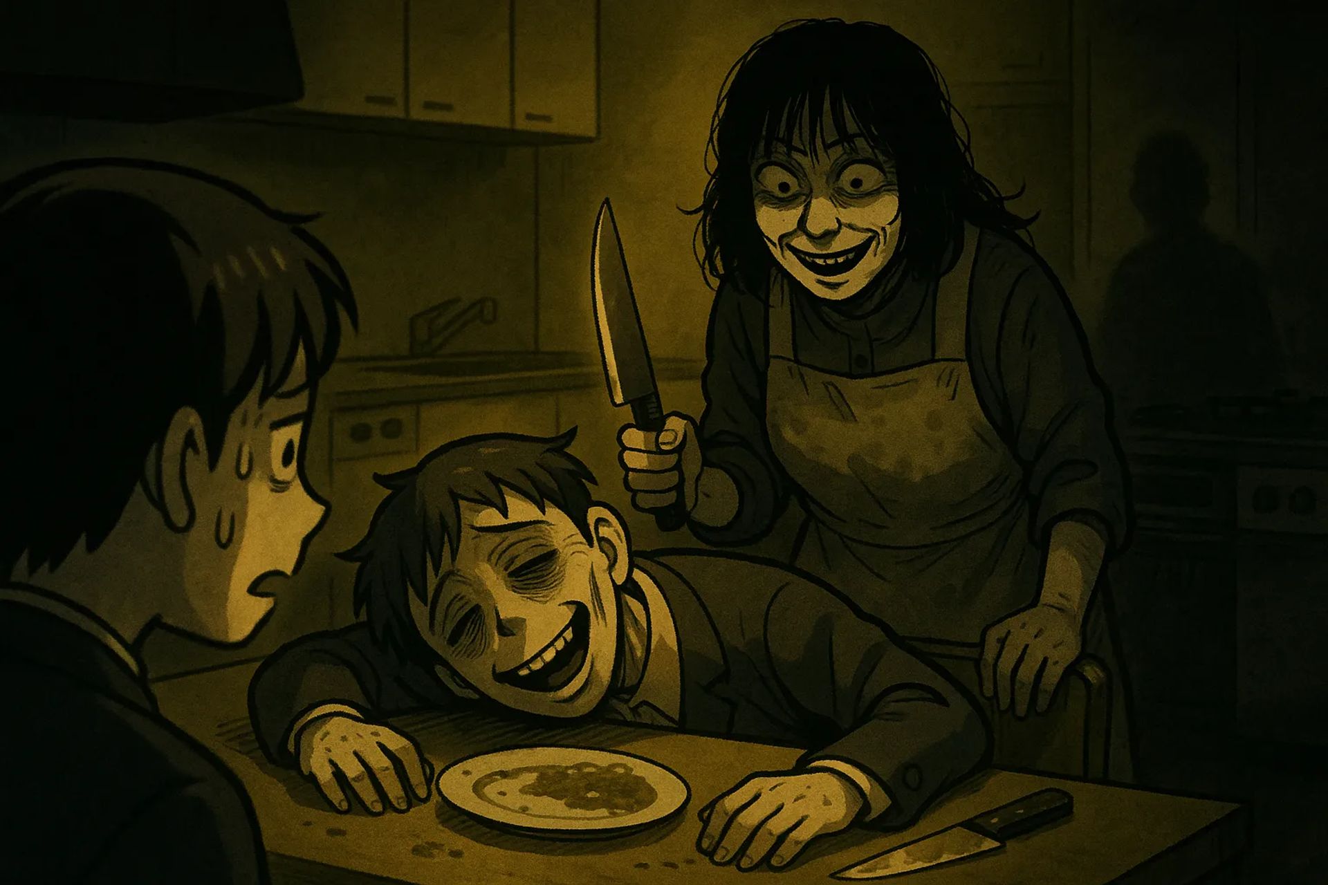 Japanese Ghost Story illustration "title: The Auntie in the Home Ec Room"
