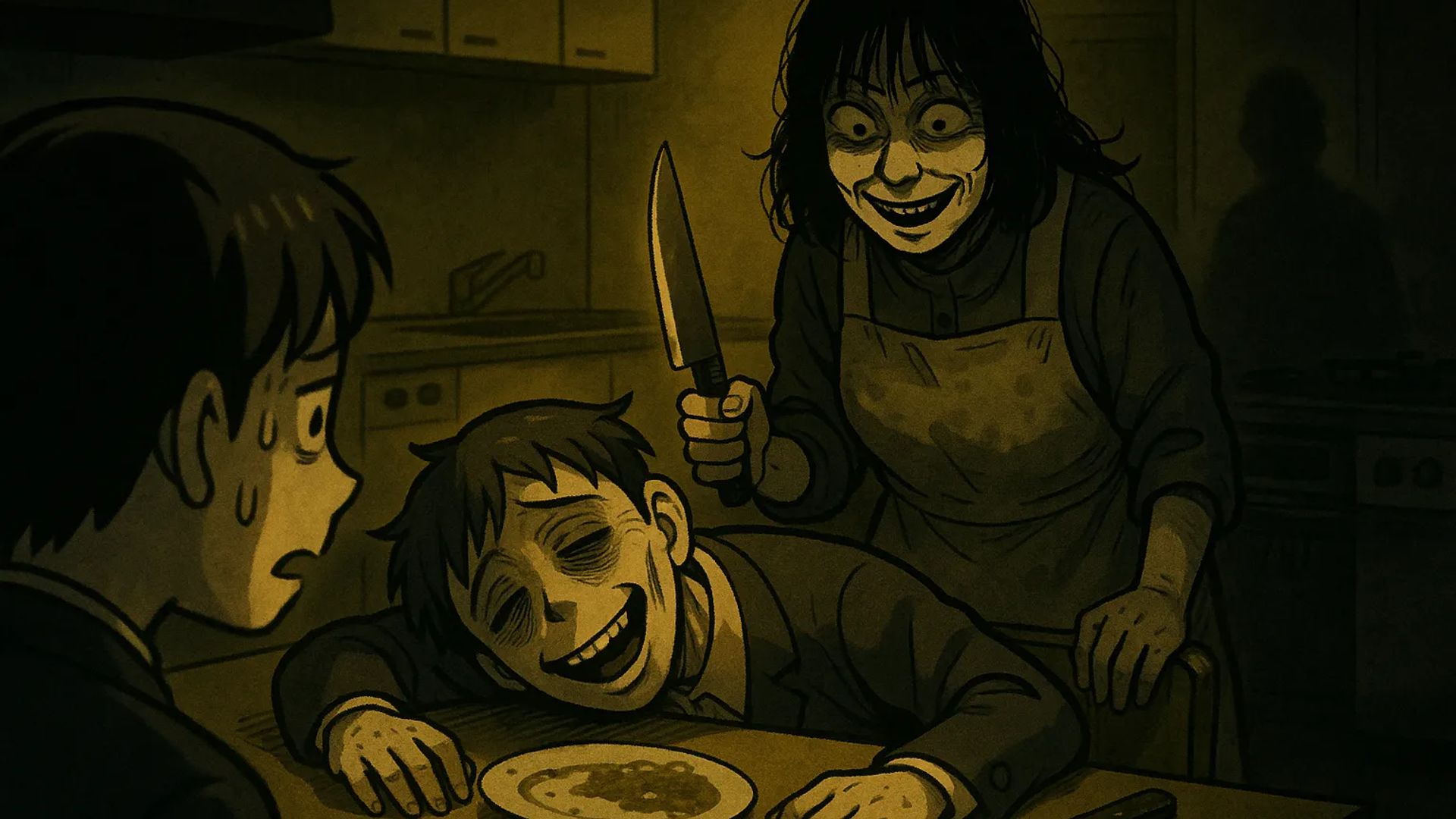 Japanese Ghost Story illustration "title: The Auntie in the Home Ec Room"