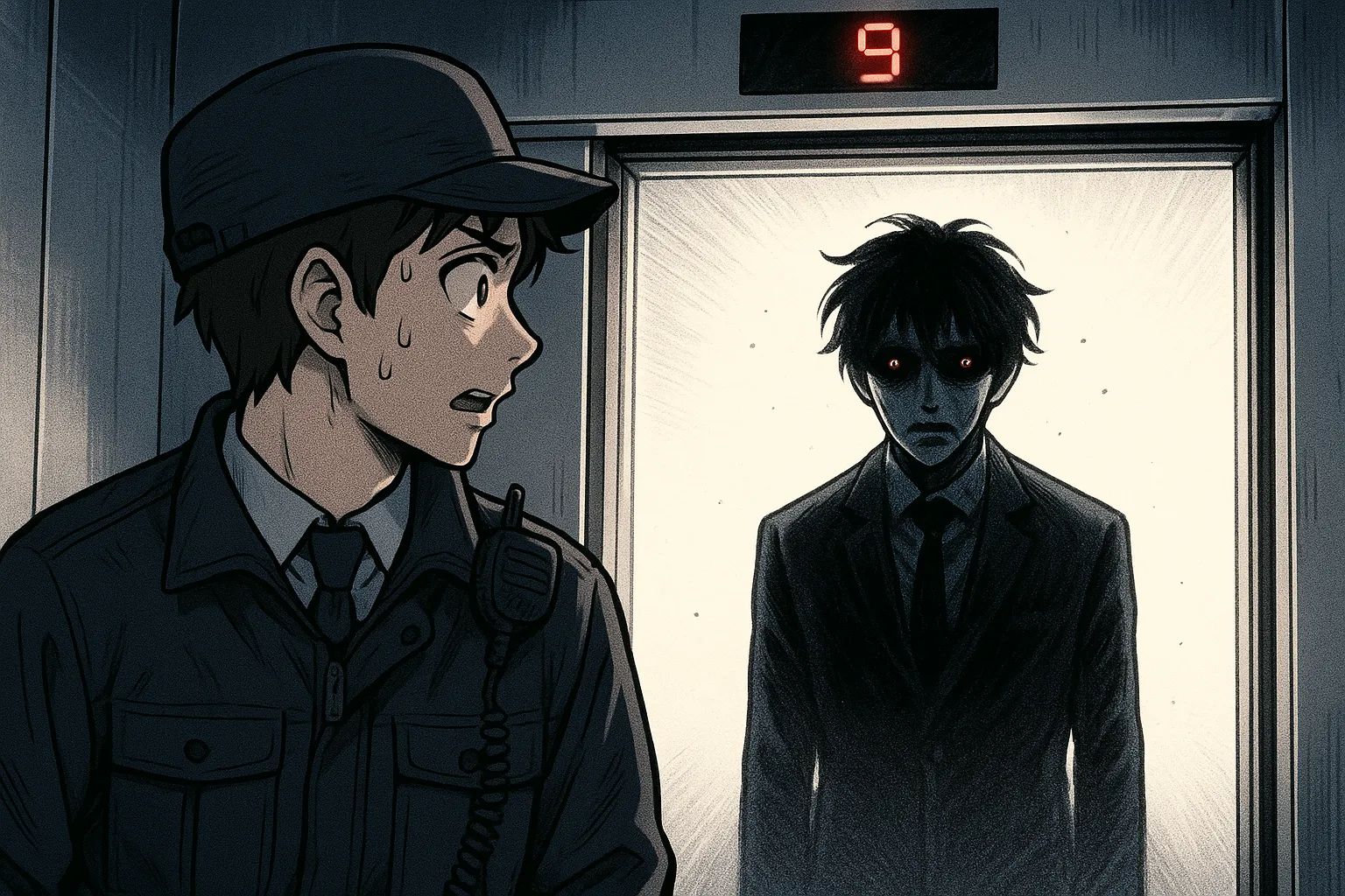 Japanese Ghost Story illustration "title: After-Hours Elevator"