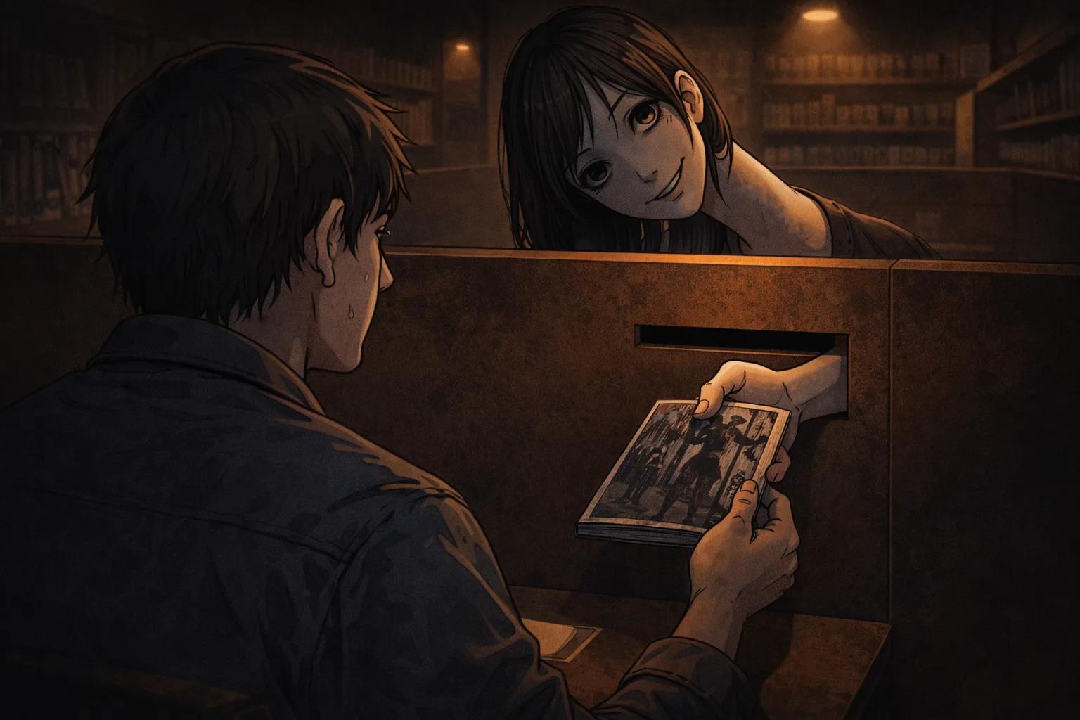 Japanese Ghost Story illustration "title: 漫画喫茶の個室"