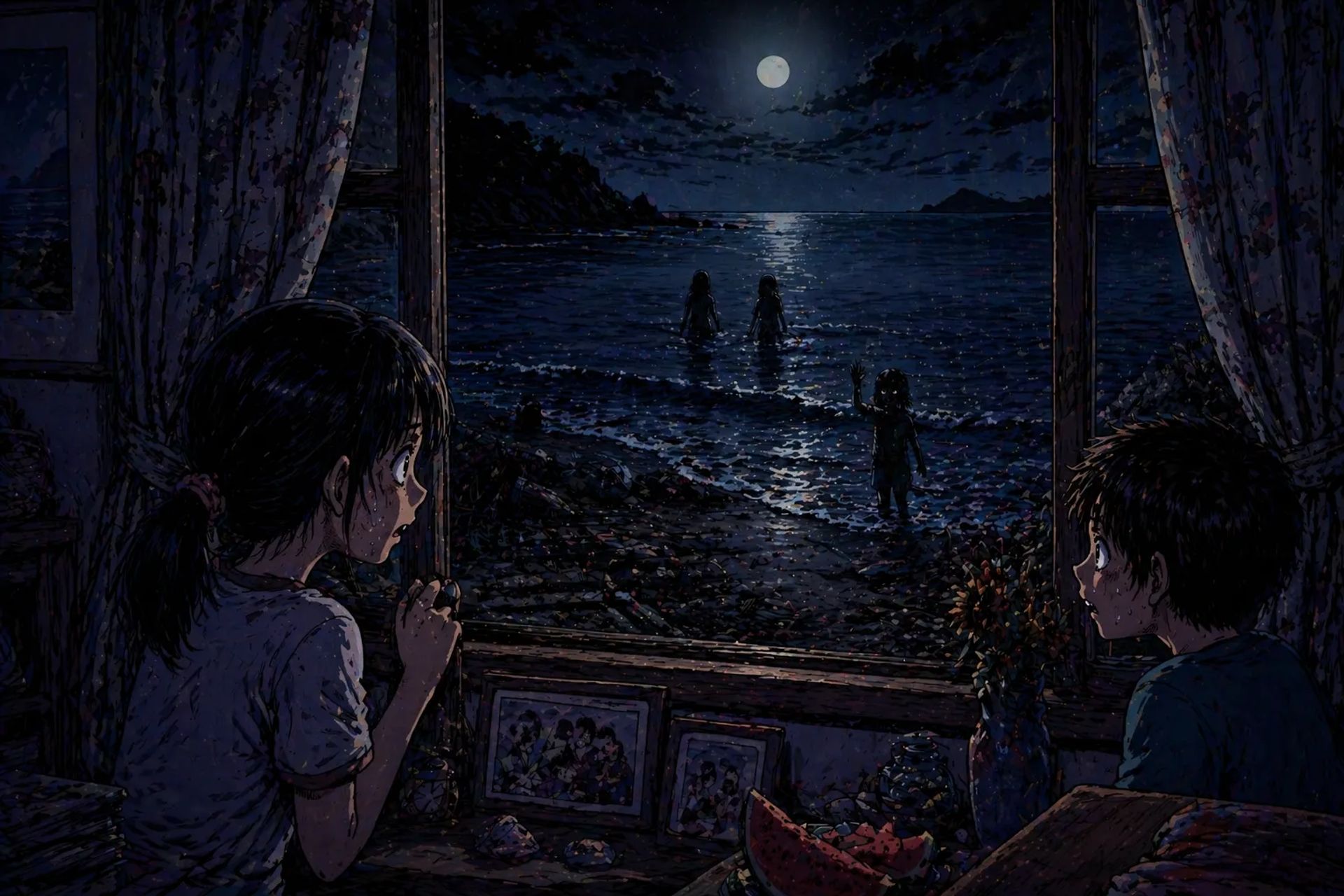Japanese Ghost Story illustration "title: The Family by the Sea"