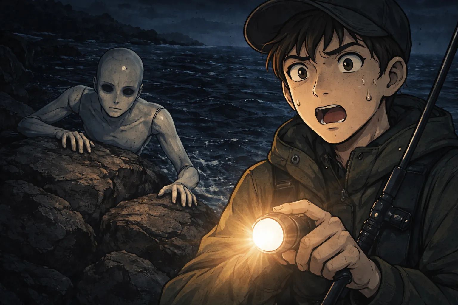 Japanese Ghost Story illustration "title: The Mannequin on the Rocks"