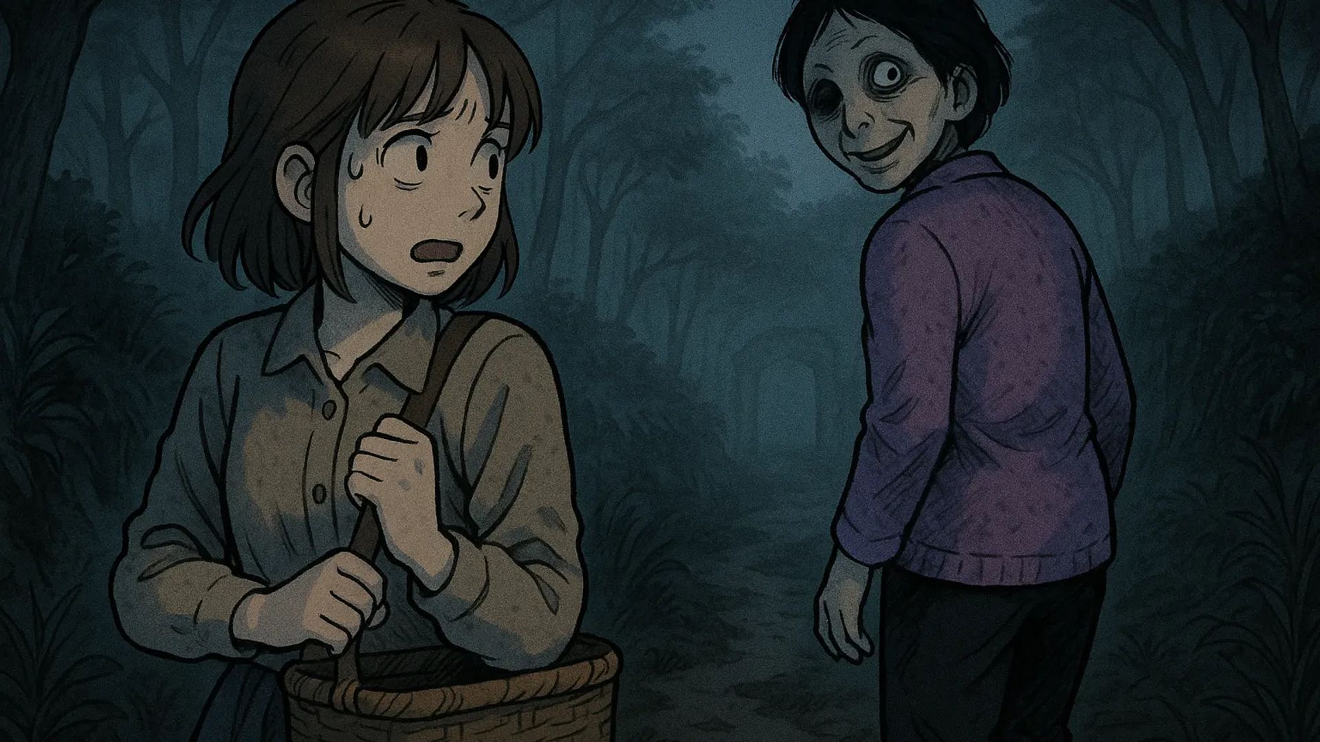 Japanese Ghost Story illustration "title: The Mountain Forager Woman"