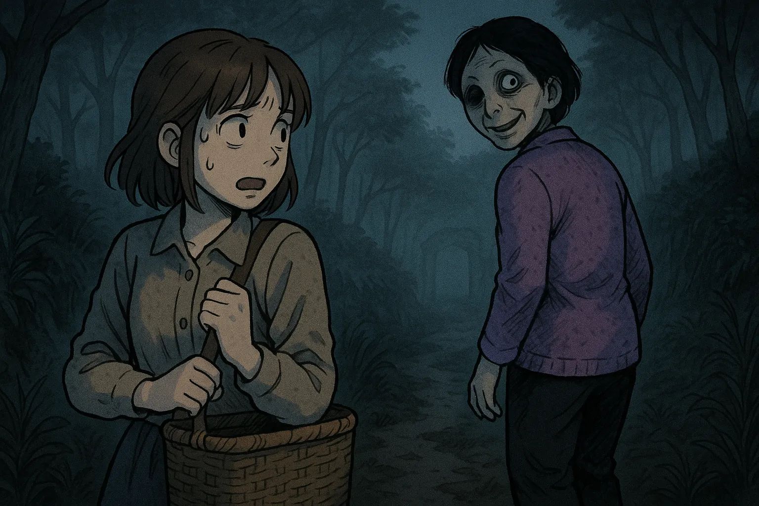 Japanese Ghost Story illustration "title: The Mountain Forager Woman"