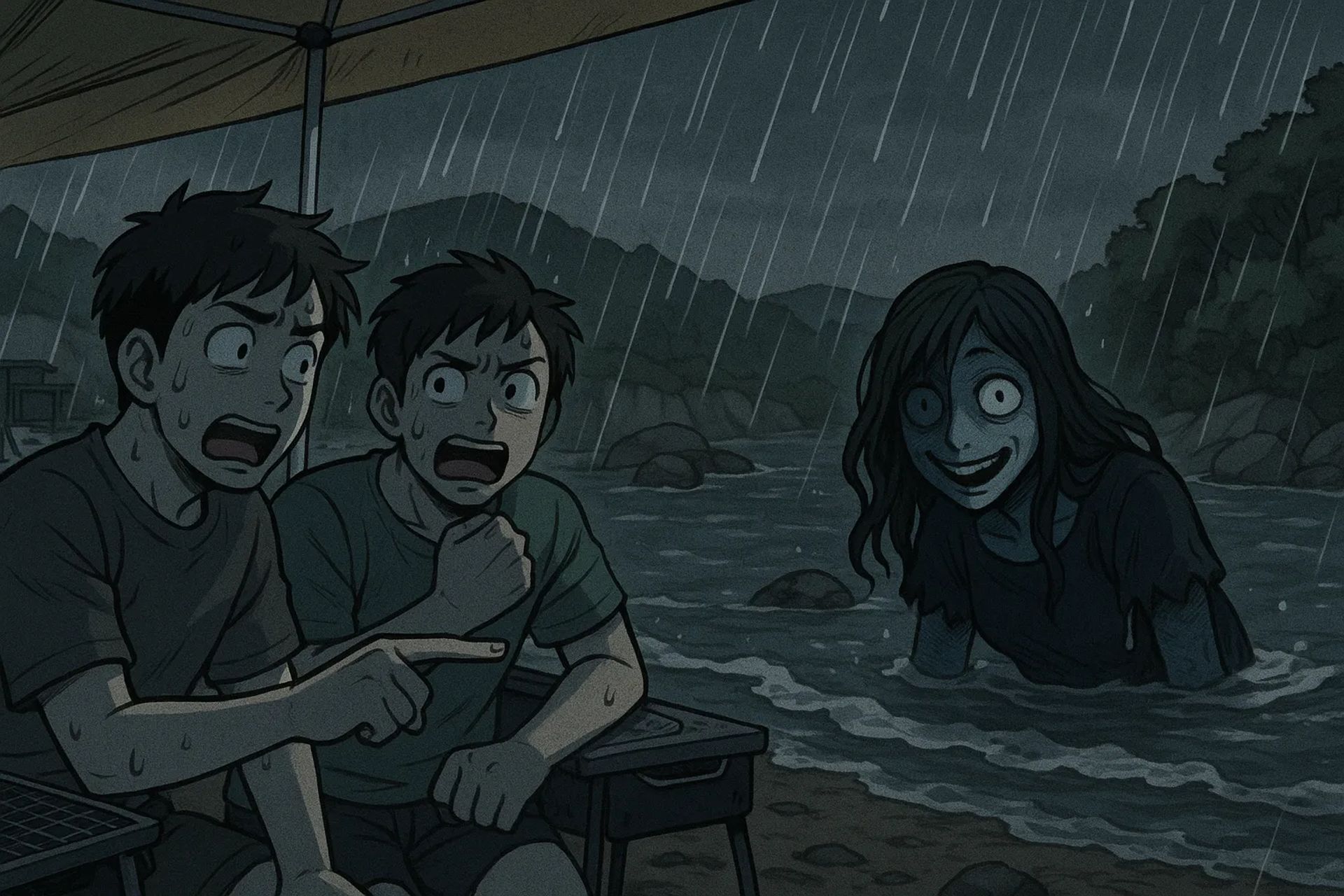 Japanese Ghost Story illustration "title: The Invitation to Play in the River"