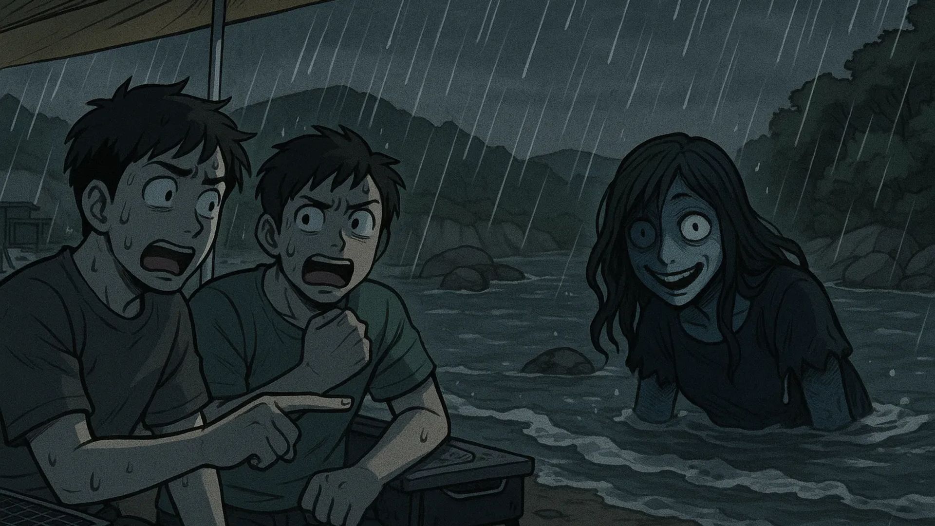 Japanese Ghost Story illustration "title: The Invitation to Play in the River"