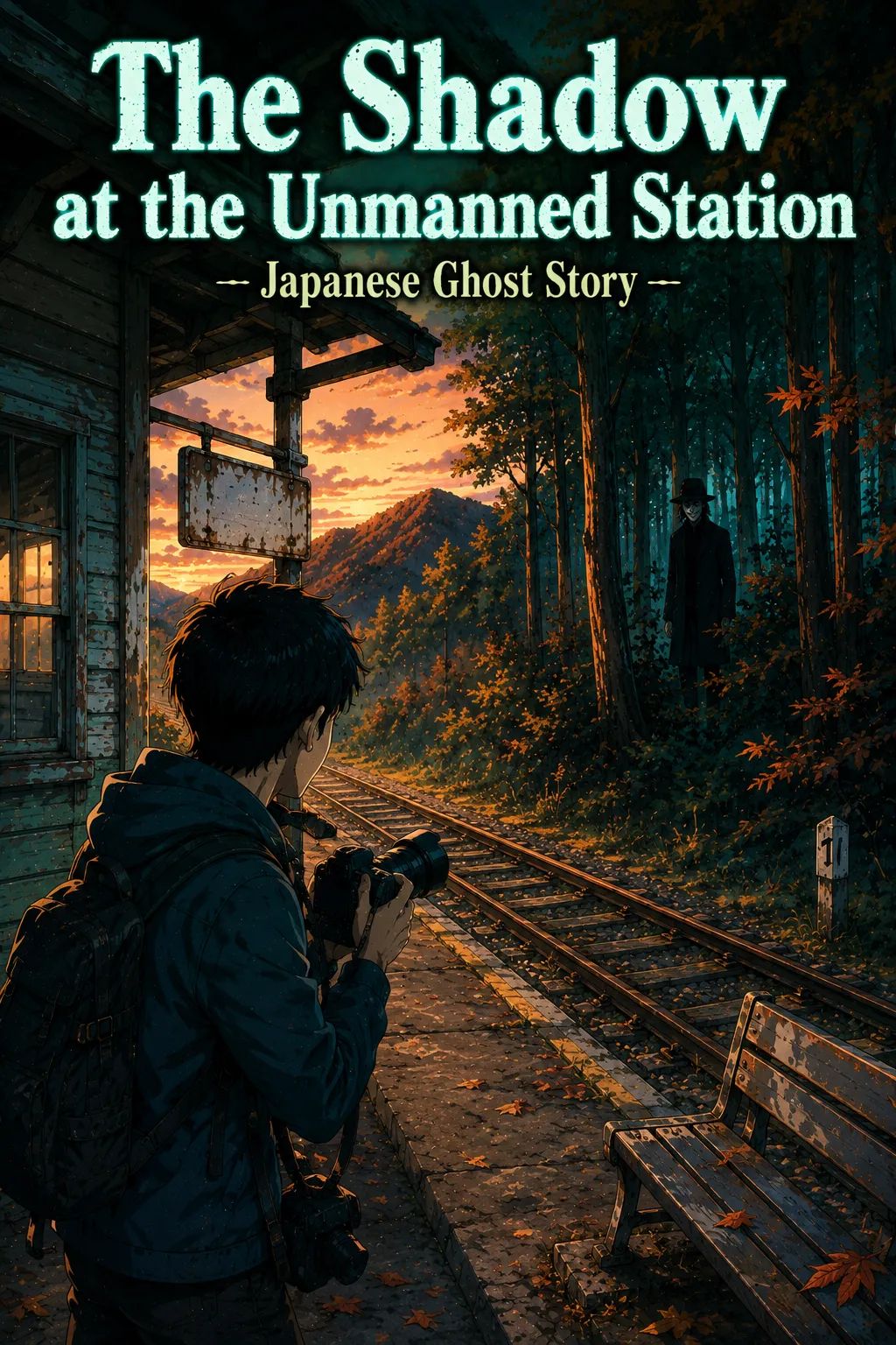 Japanese Ghost Story illustration "title: The Shadow at the Unmanned Station"