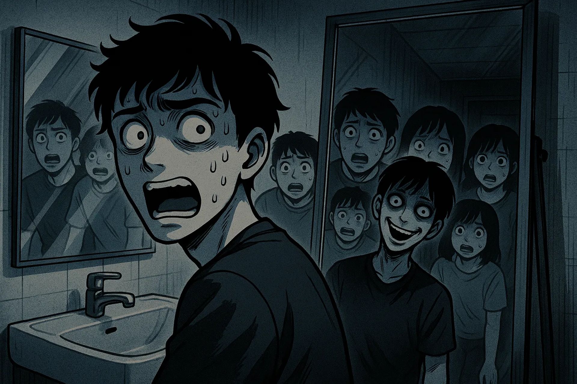 Japanese Ghost Story illustration "title: The Facing Mirrors"