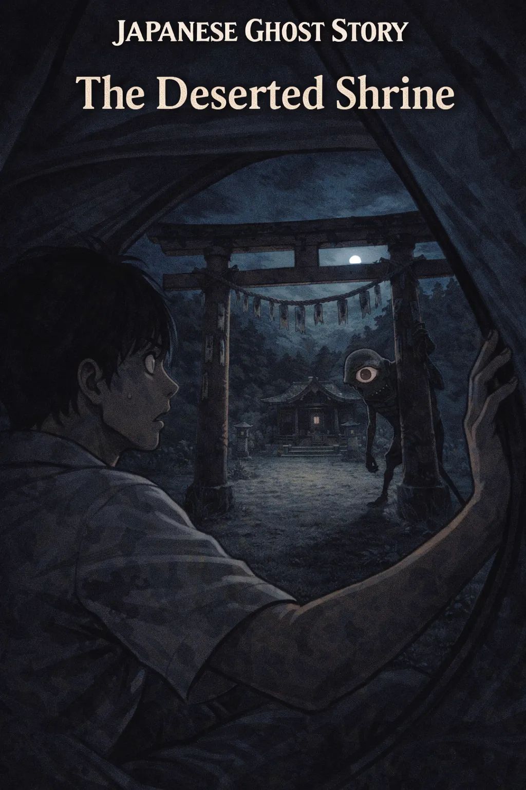 Japanese Ghost Story illustration "title: The Deserted Shrine Deep in the Mountains"