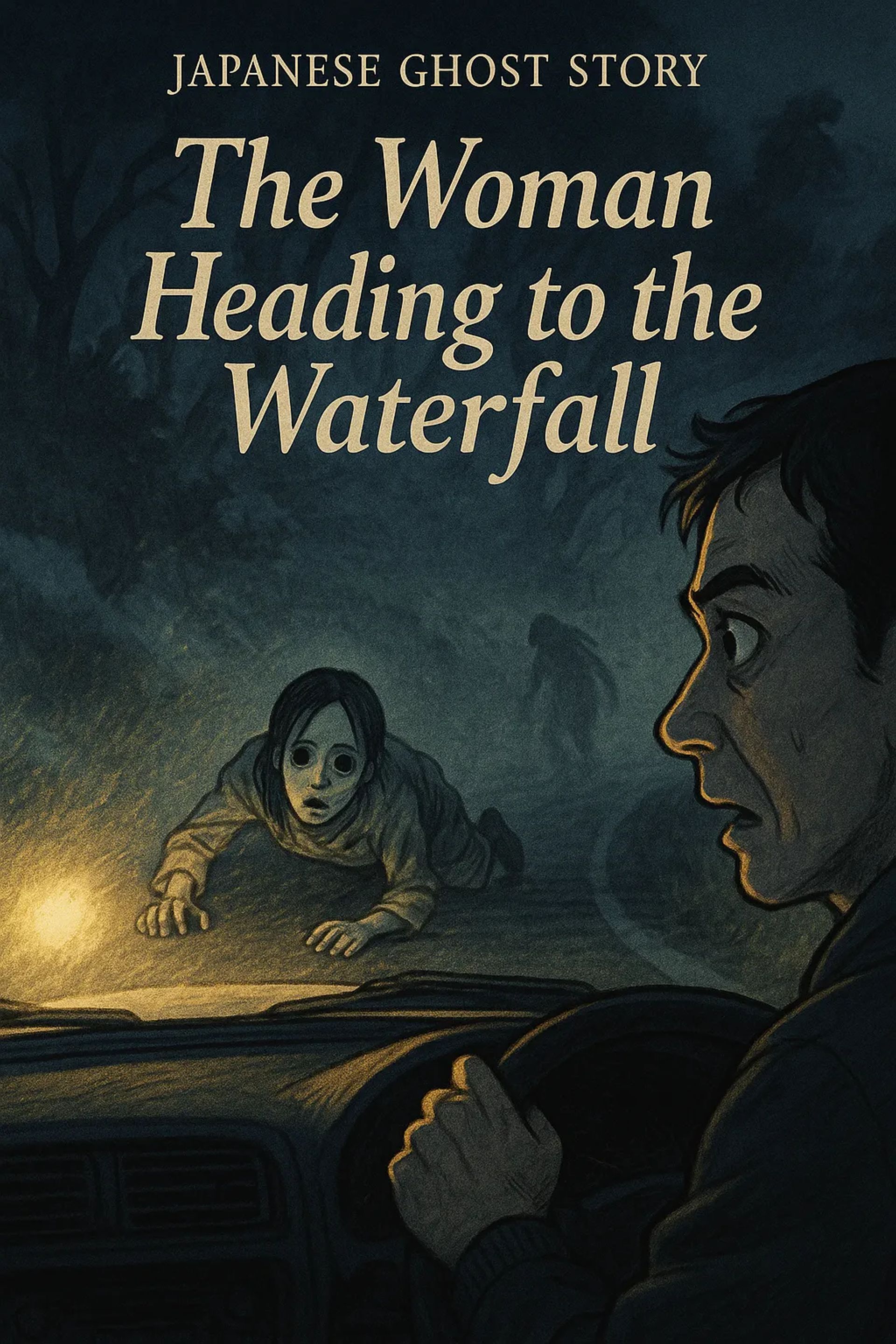 Japanese Ghost Story illustration "title: The Woman Heading to the Waterfall"