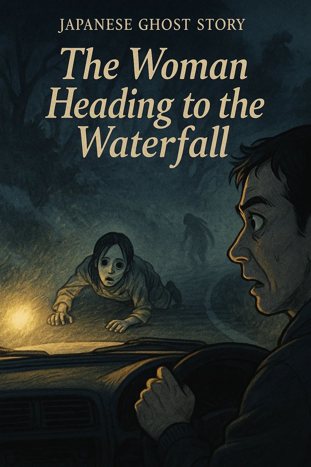 Japanese Ghost Story illustration "title: The Woman Heading to the Waterfall"