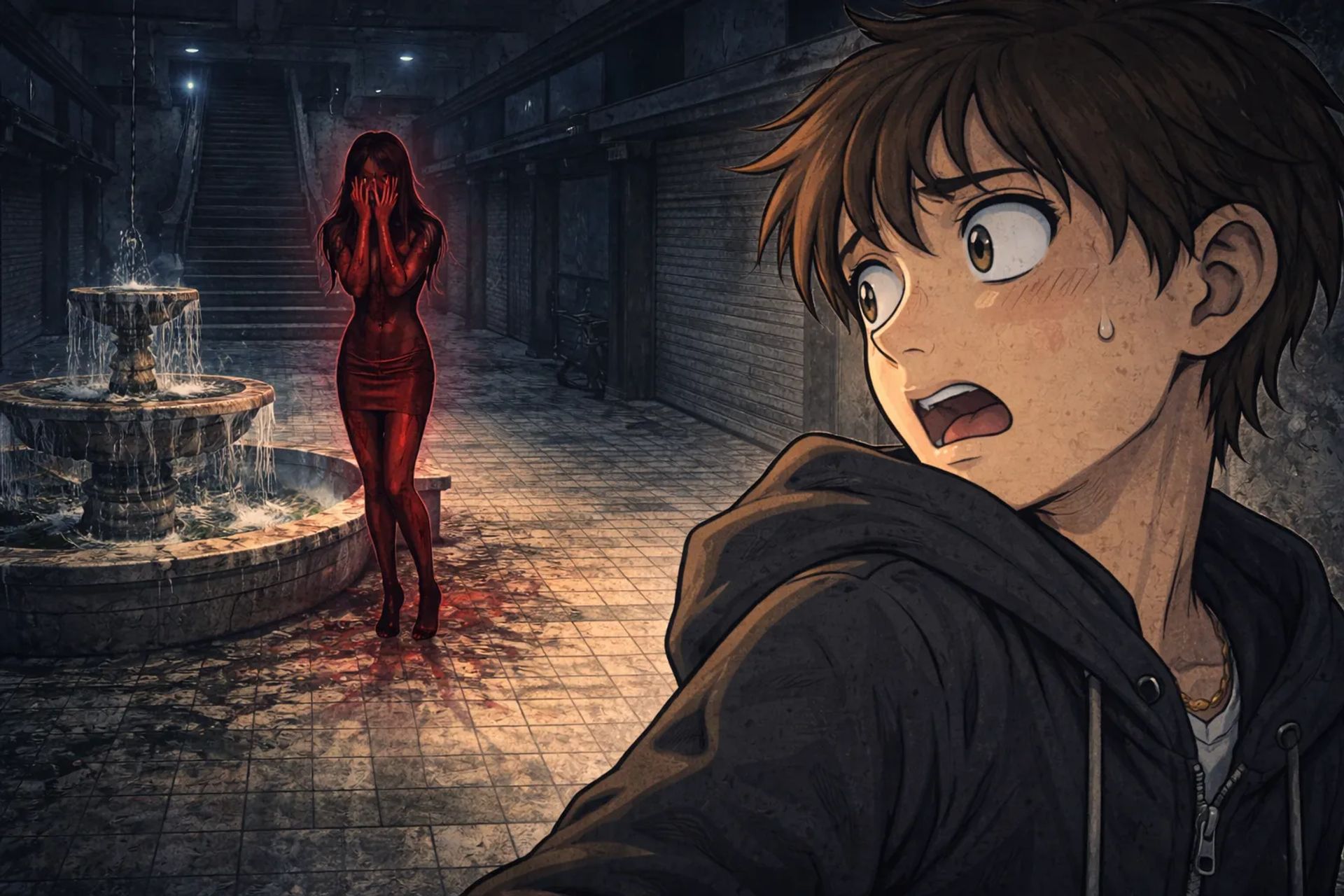 Japanese Ghost Story illustration "title: The Red Woman of the Underground Mall"