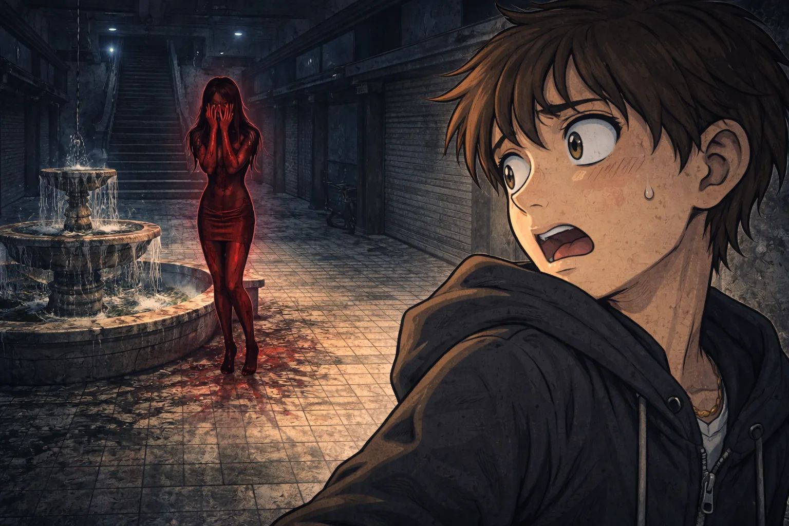 Japanese Ghost Story illustration "title: The Red Woman of the Underground Mall"