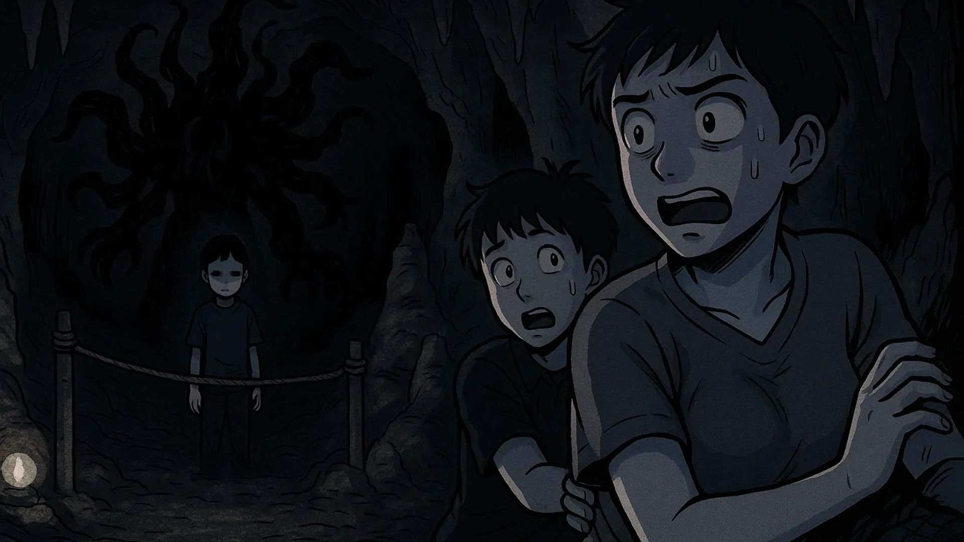 Japanese Ghost Story illustration "title: The Shadow in the Cave"