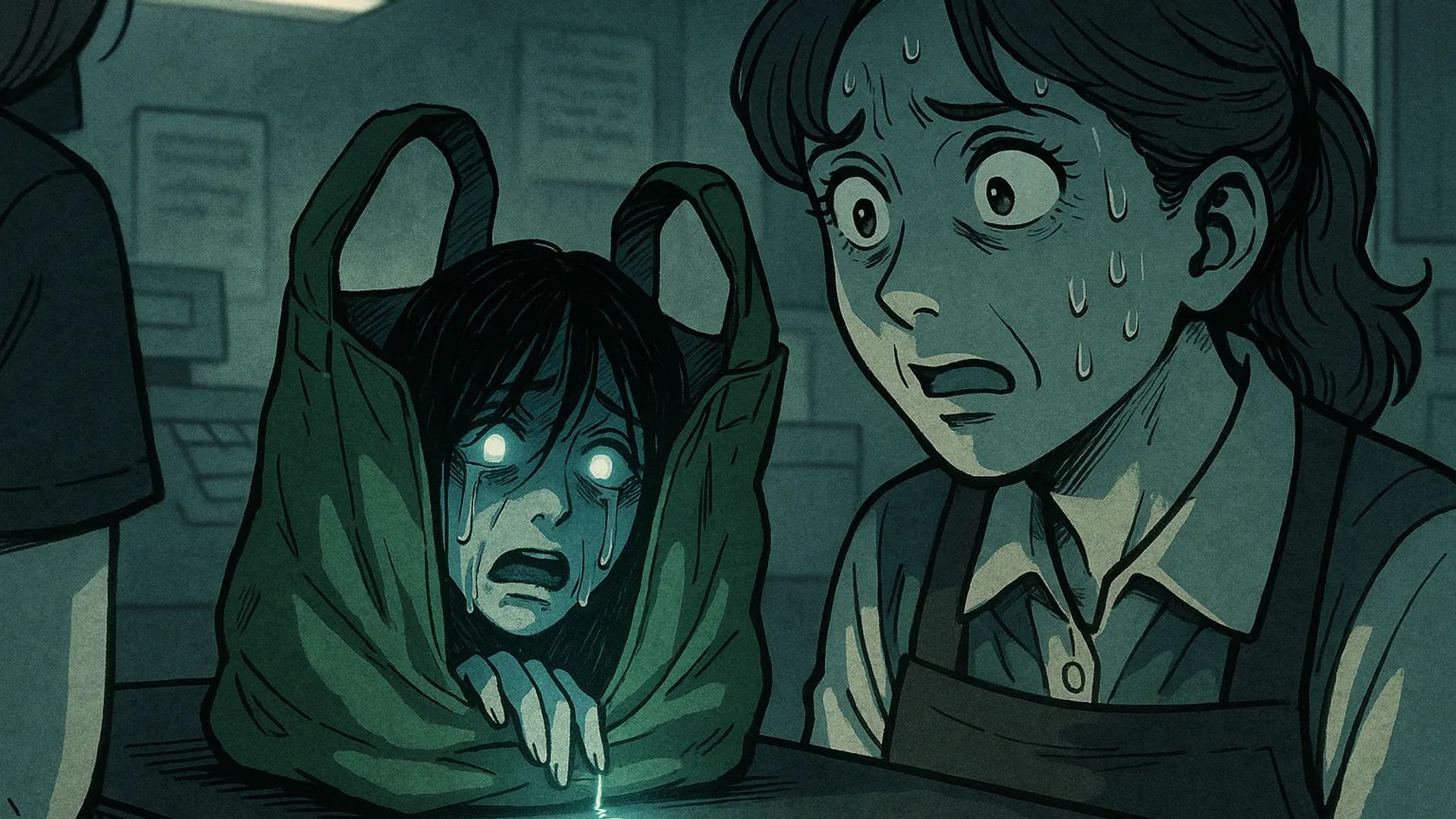 Japanese Ghost Story illustration "title: The Eco-Bag Woman"