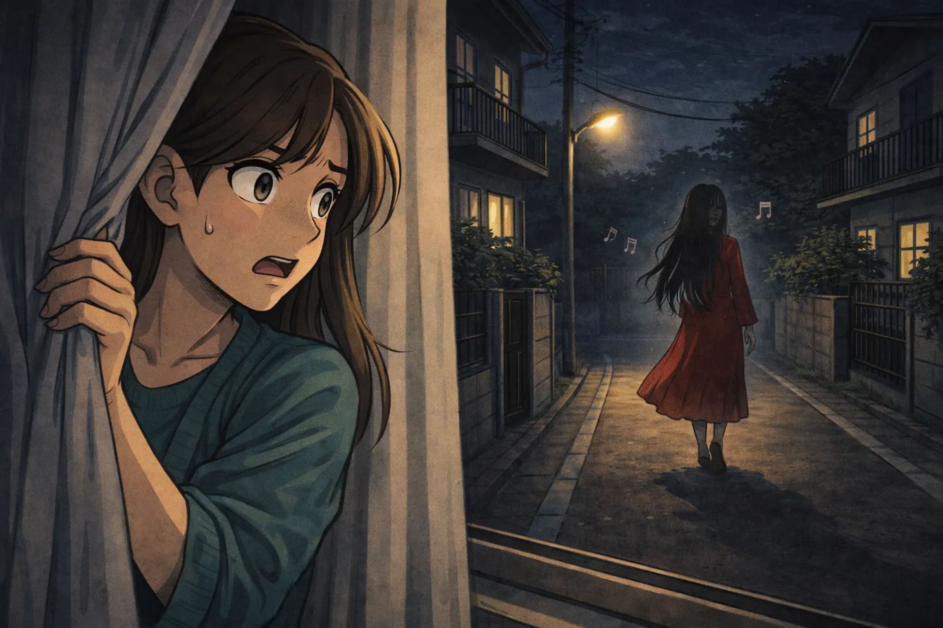 Japanese Ghost Story illustration "title: The Song on the Night Road"