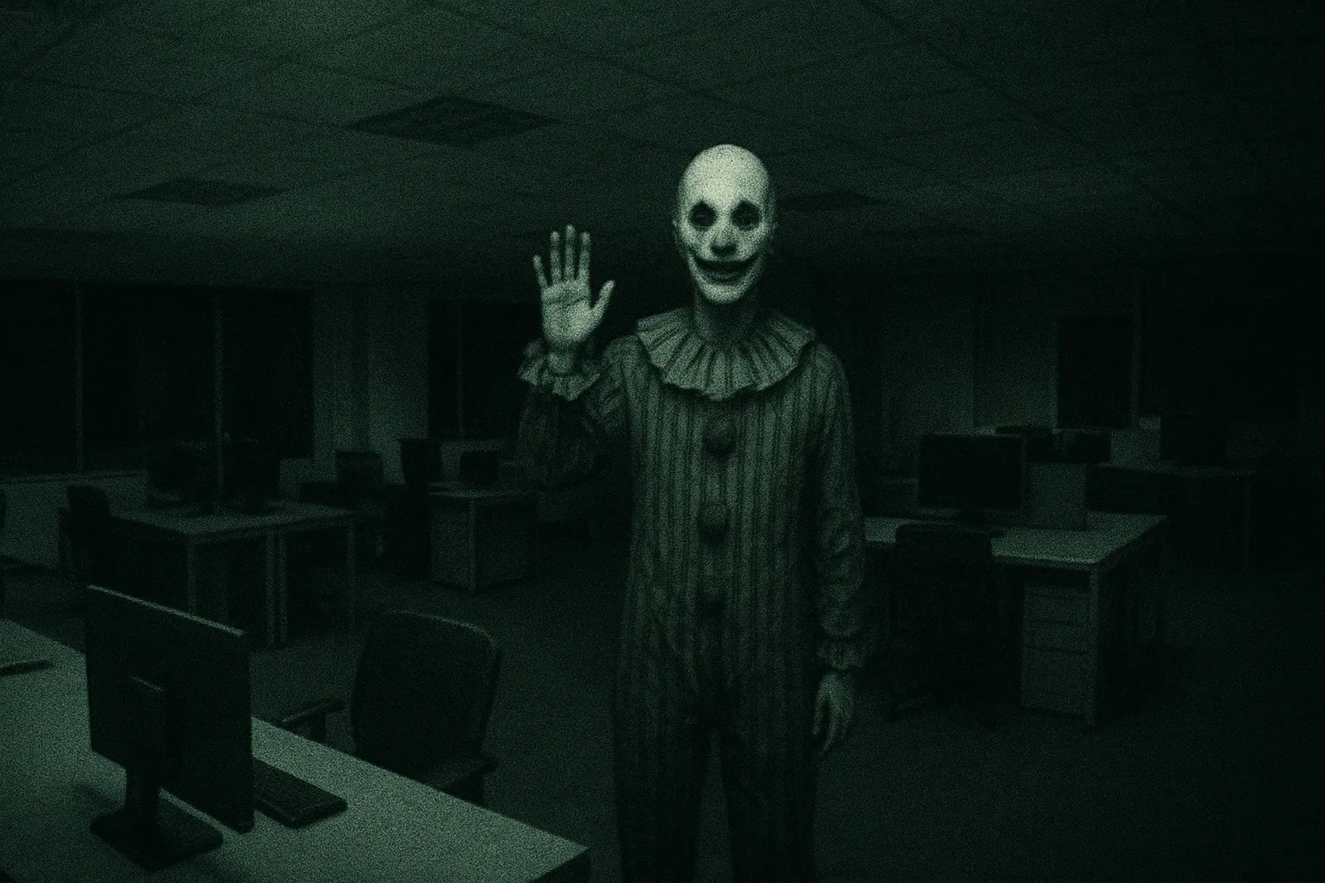 Japanese Ghost Story illustration "title: The Clown Lurking in the Empty Building"